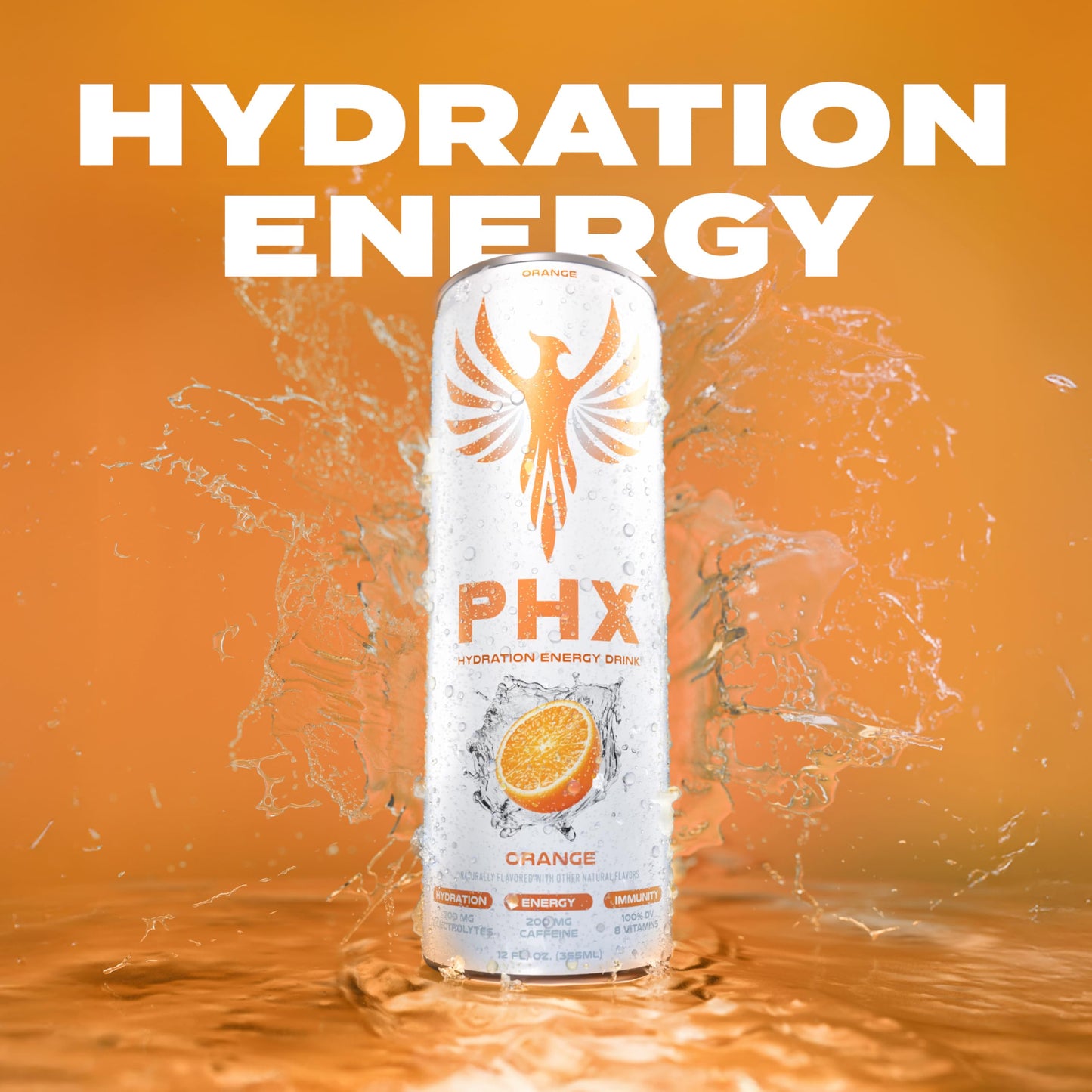 PHX Hydration Energy Drink - 700mg Electrolytes  200mg Natural Green Tea Caffeine  100% Daily Value 8 Essential Vitamins - 12 oz Cans (12 Pack) (12 Pack  Orange)