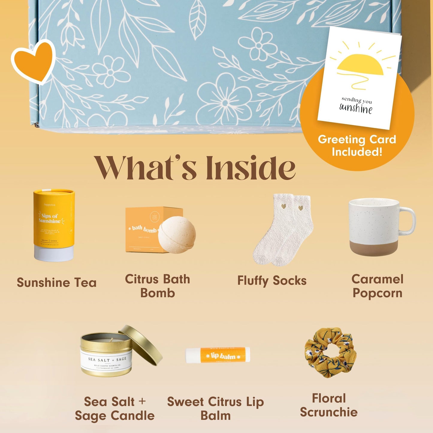 Unboxme Sunshine Gift For Women | Self Care Package With Organic Herbal Tea, Fluffy Cloud Socks, Ceramic Mug, Citrus Bath   , Beeswax Lip Balm, A Fun Floral Scrunchie + A Sending Hugs Card