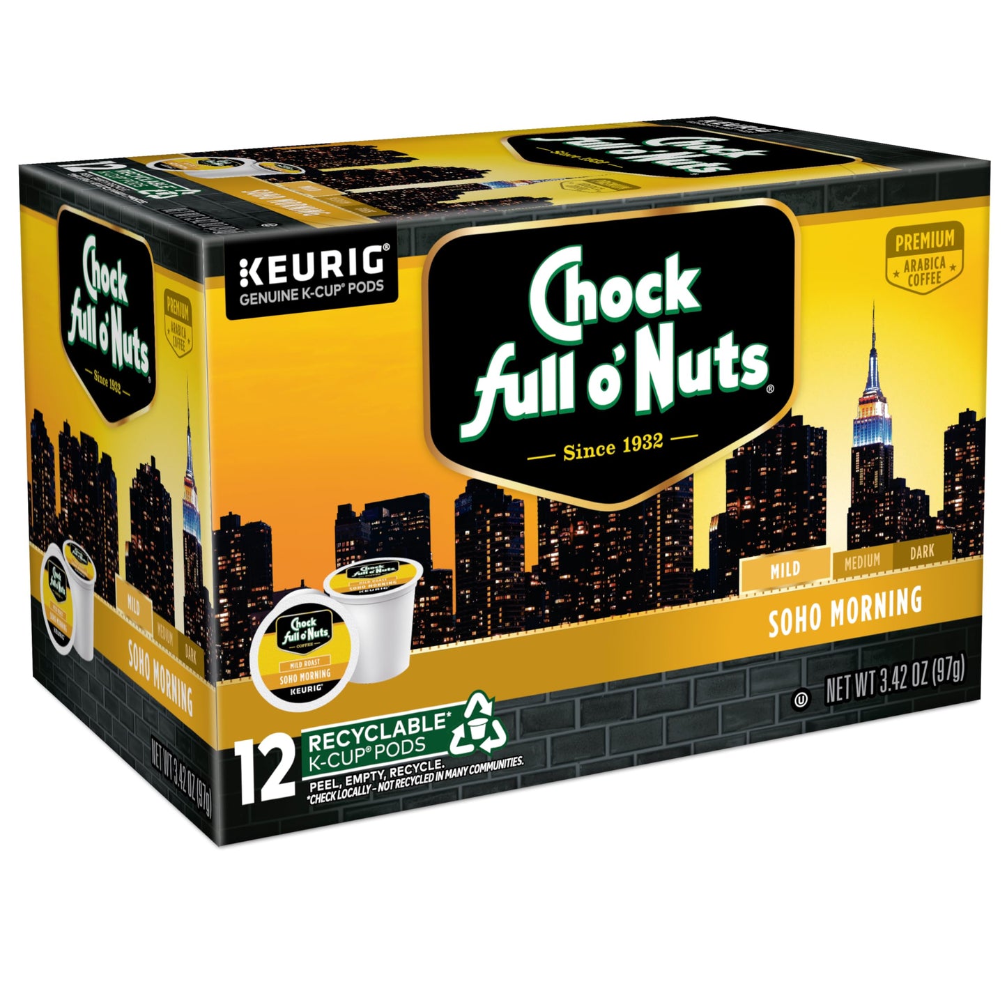 Chock Full o Nuts Soho Morning Coffee, Mild Roast, Compatible with K-Cup Pods, 12 Count (Pack of 6)