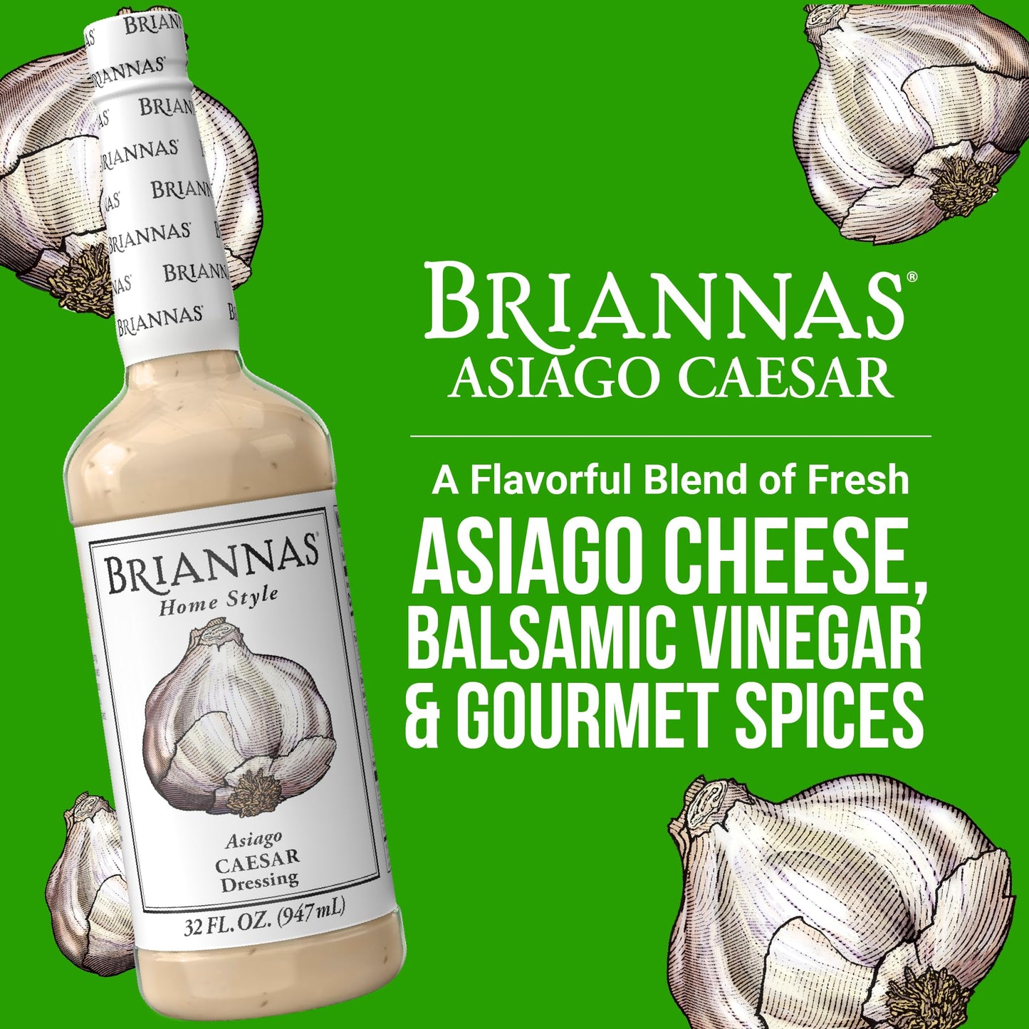 BRIANNAS Asiago Caesar Dressing - Gluten Free, Low Sugar - 32 oz. Bottle