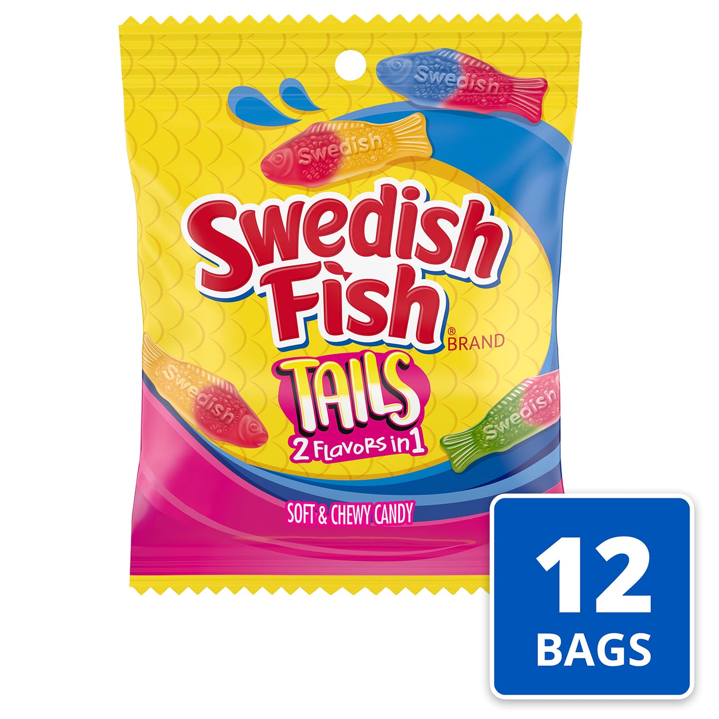 Swedish Fish Tails 2 Flavors In 1 Soft & Chewy Candy, Bulk Candy, 12 - 3.6 Oz Bags