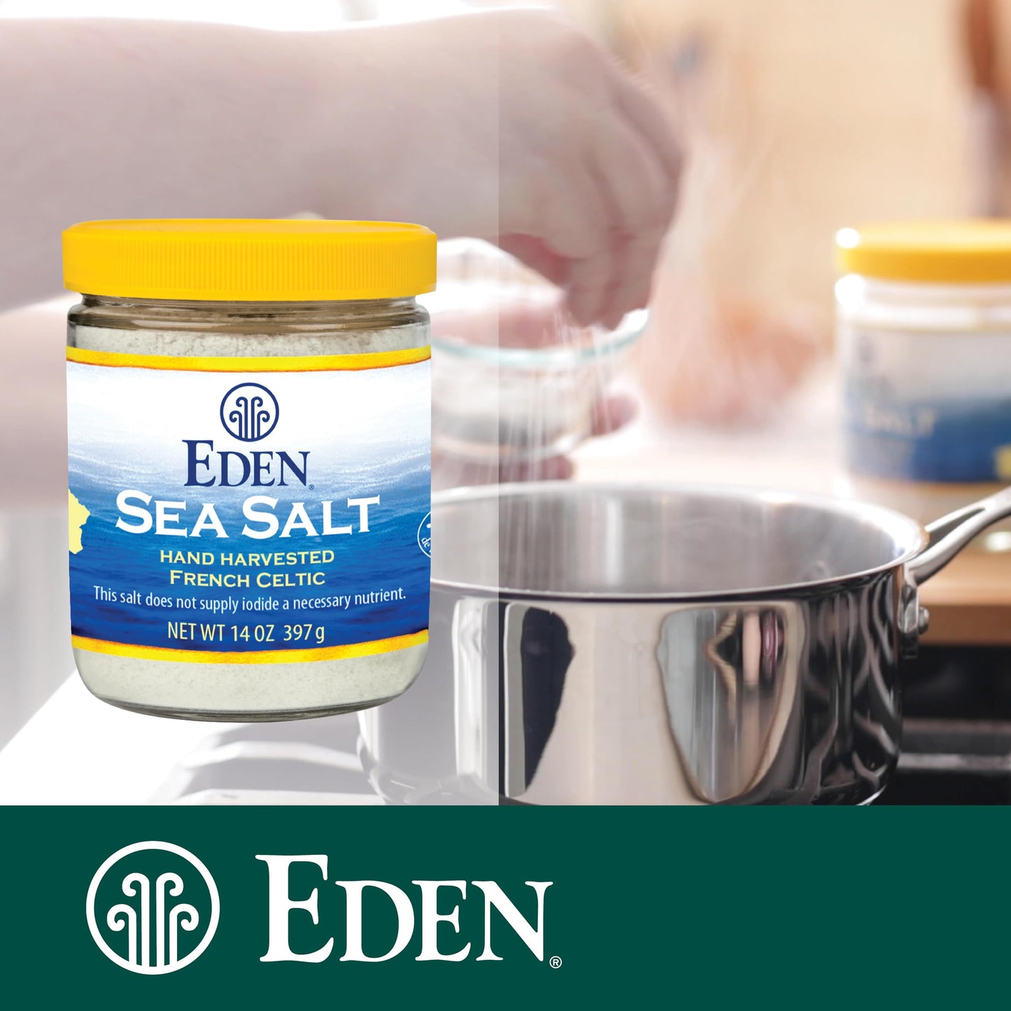 Eden Sea Salt, Hand Harvested French Celtic, Stone Ground (Fine), 82 Trace Minerals, Unrefined, Glass Jar, 14 oz