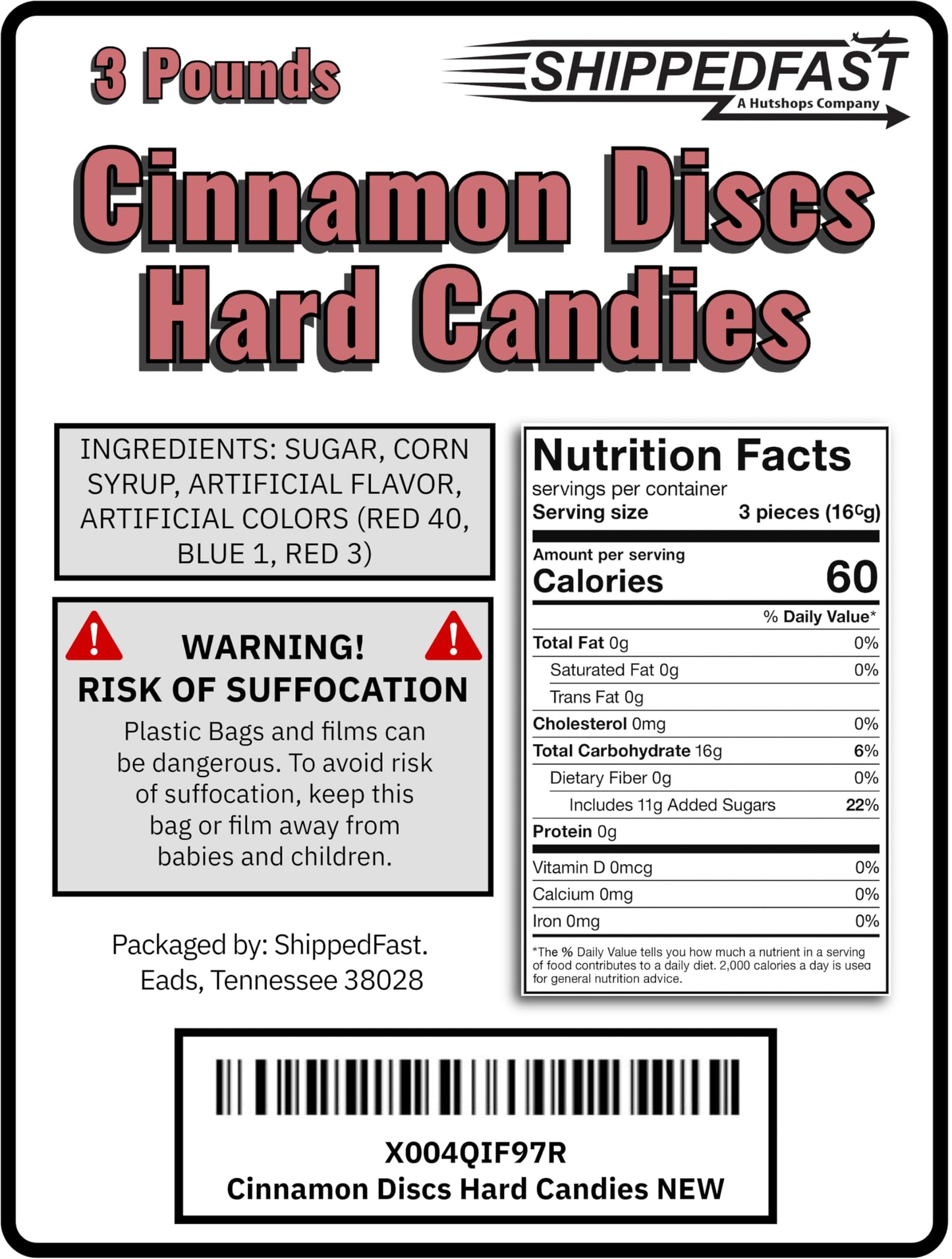 Shippedfast Cinnamon Discs Hard Candies - Individually Wrapped Red Cinnamon Candy Disks, 3 Pound Bag