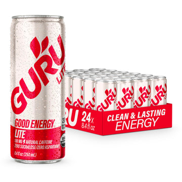 Guru Lite Organic Energy Drinks, Plant-Based Caffeine, Low Calorie, Vegan, 8.4oz (Pack of 24), Clear, Model 423962