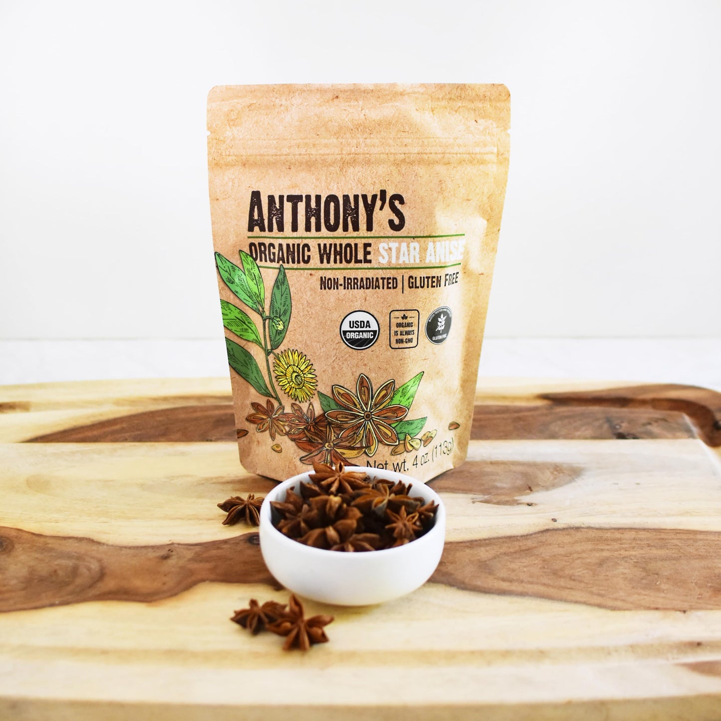 Anthonys Organic Whole Star Anise 4 Oz Non Irradiated Non Gmo Gluten Free