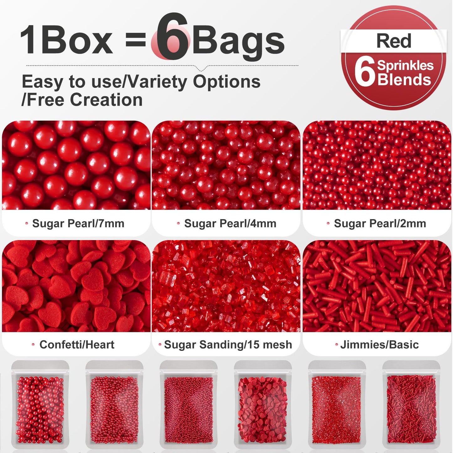 HUEBEATY 6-in-1 Red Edible Pearls Sugar Sprinkles for Cakes, Cookies, Cupcakes and Ice Cream Decorating | 180g/6.36oz | Christma