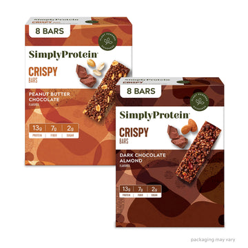 Simply Protein - Crispy Bars Variety Pack, Peanut Butter + Dark Chocolate Almond - Plant Based Protein Bars - 13G Protein, 2G Su