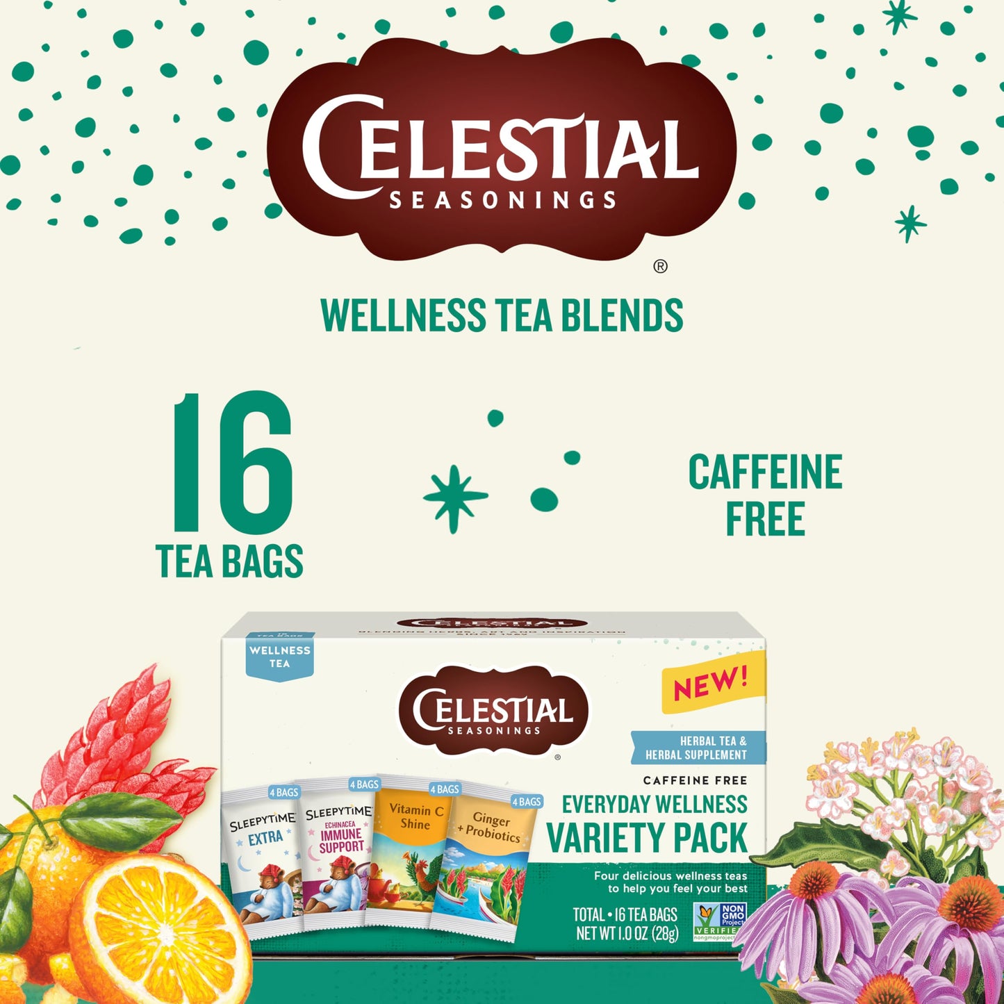Celestial Seasonings Everyday Wellness Tea Variety Pack  Caffeine Free  16 Tea Bags Box