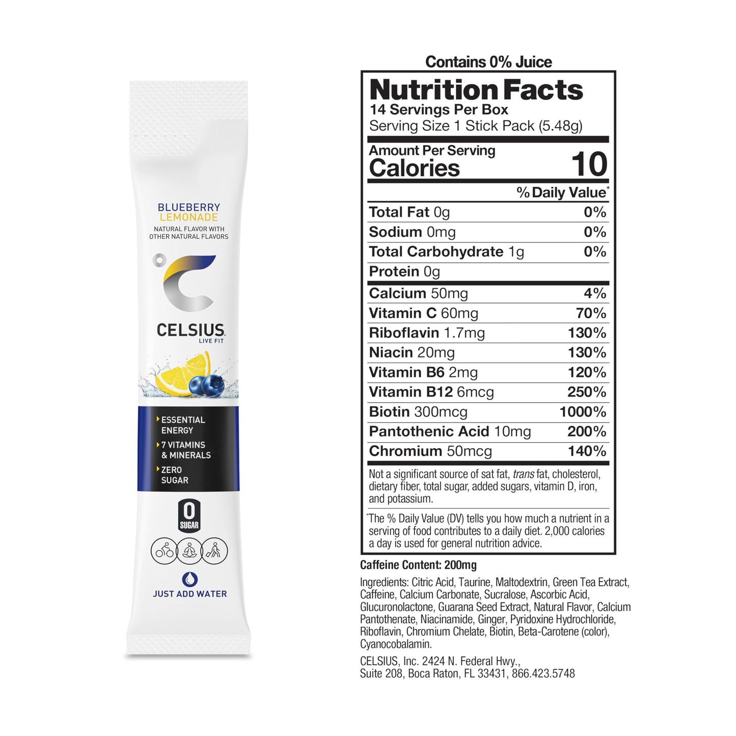 CELSIUS On-the-Go Powder Sticks Blueberry Lemonade, 14 Count, Essential Energy, 2.6 Oz per Pack