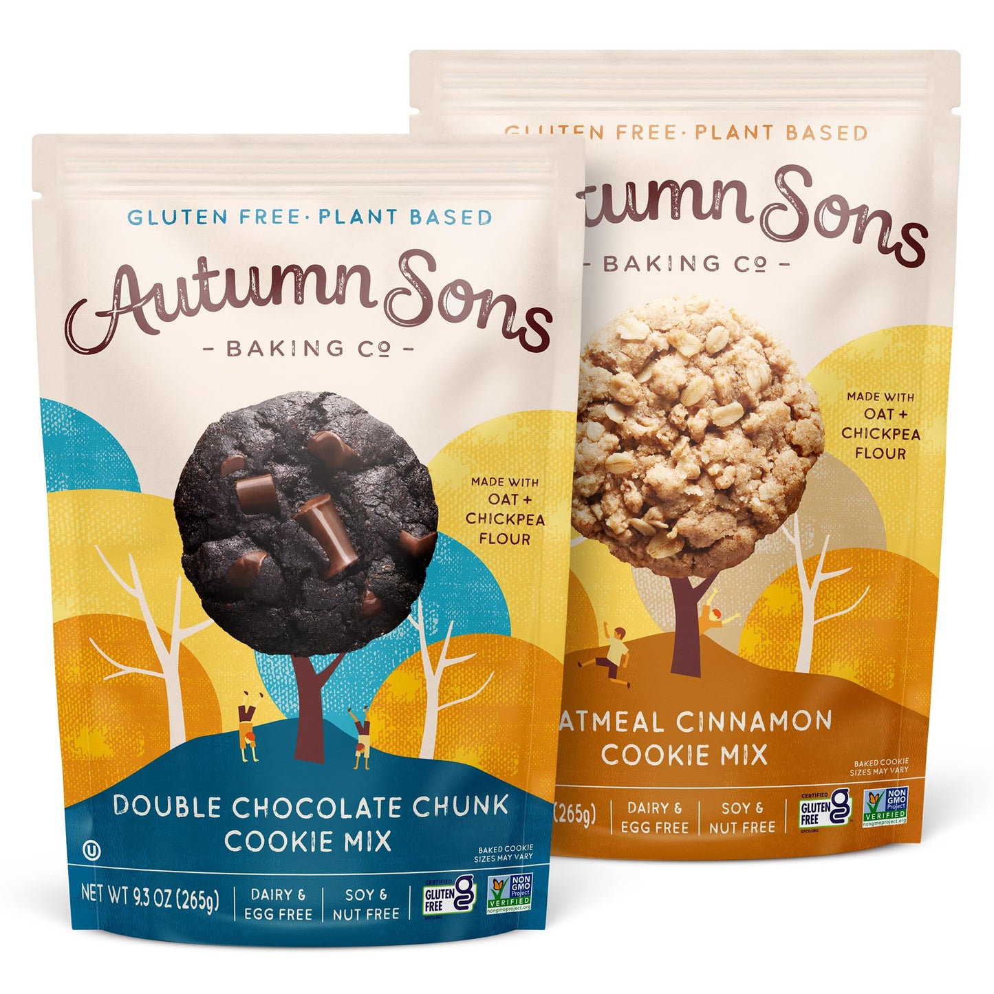 Autumn Sons Baking Co. Gluten Free Double Chocolate Chunk & Oatmeal Cinnamon Cookie Mix Combo Pack. Vegan Plant Based Baking Mix. Top 9 Allergen Free. 9.3 Oz (Pack Of 2)