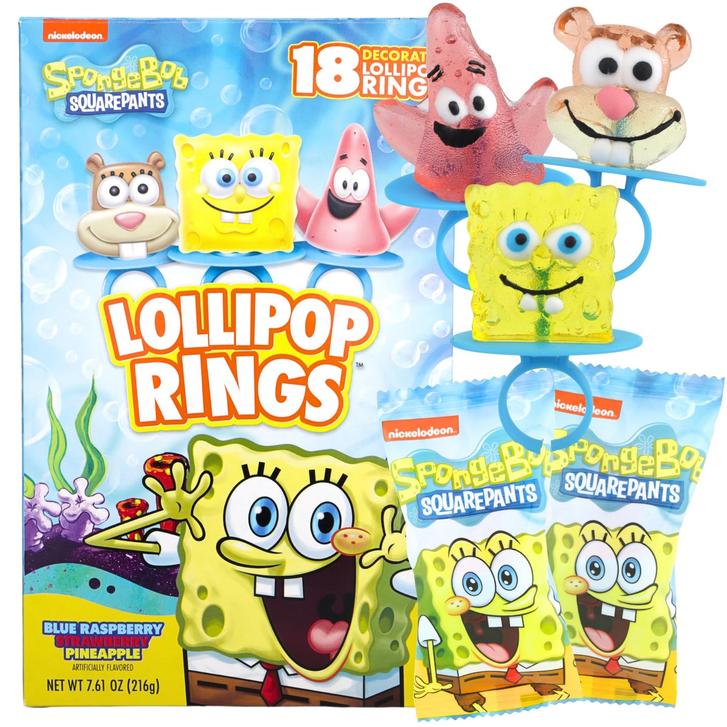 Imaginings 3 SpongeBob Squarepants Decorated Lollipop Rings, Patrick and Sandy, Individually Wrapped Candy for Birthday Party Fa