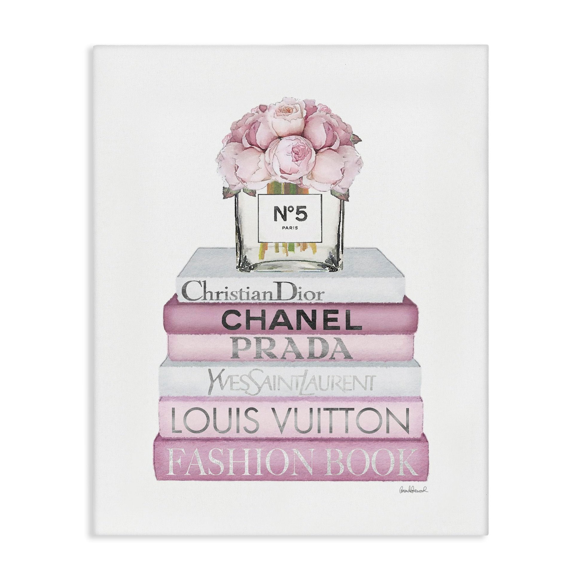 Stupell Industries Pink Rose Bouquet and Fashion Designer Bookstack Wall Art, 24x30, White