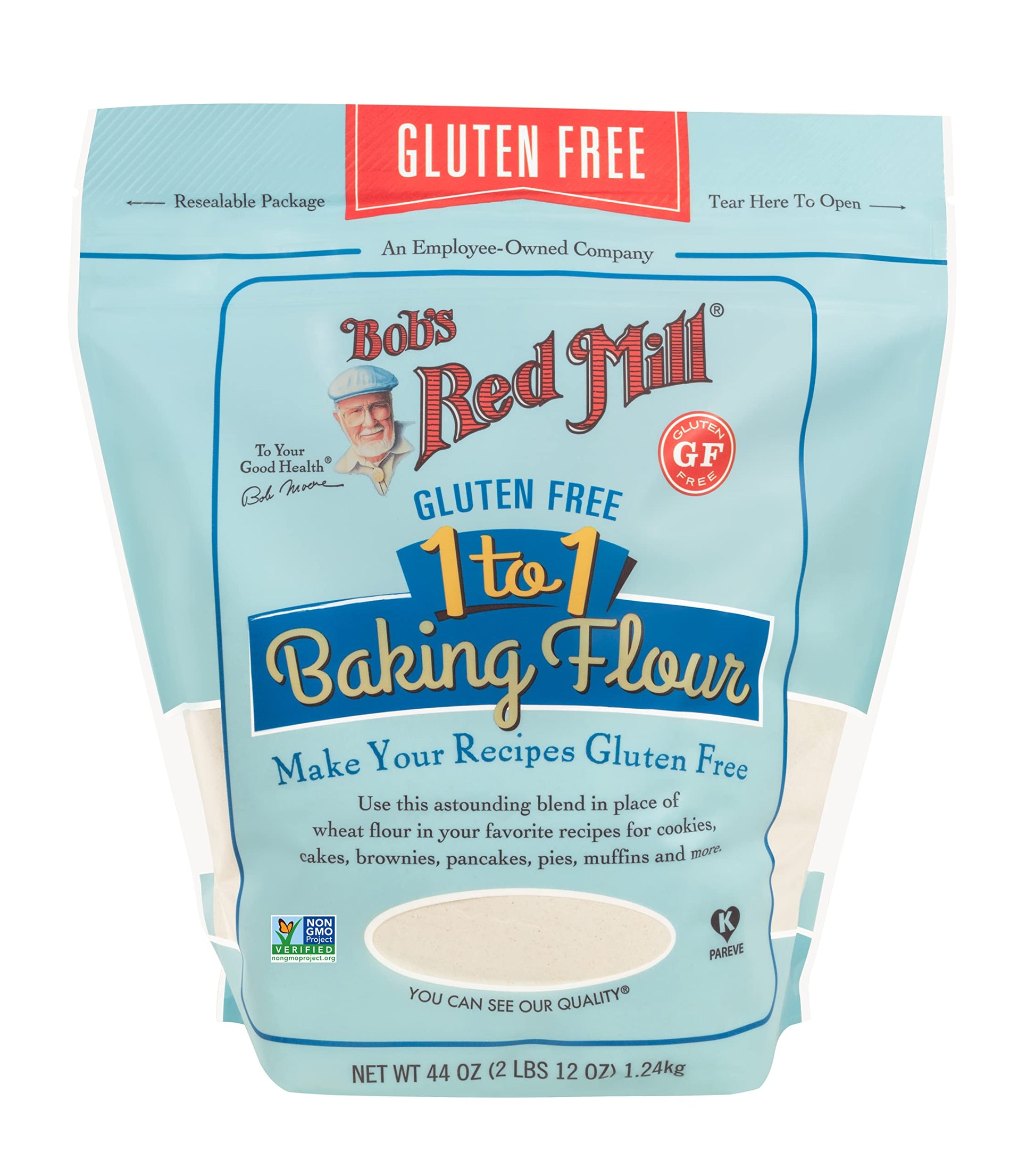 Bobs Red Mill Gluten Free 1 to 1 Baking Flour, 44oz (Pack of 1) - Non GMO, Vegan, Kosher