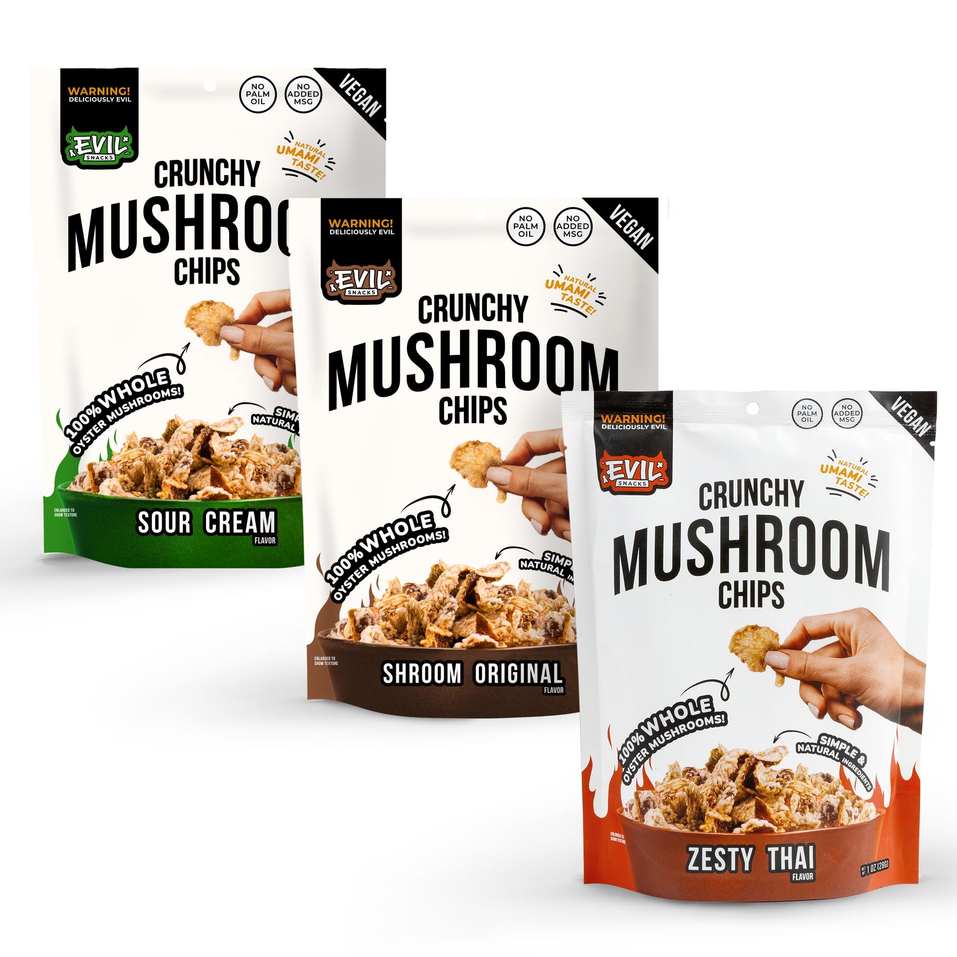EVIL SNACKS Crunchy Mushroom Chips Variety Pack, Non-GMO, Vegan, 2 Oz (3 Pack)
