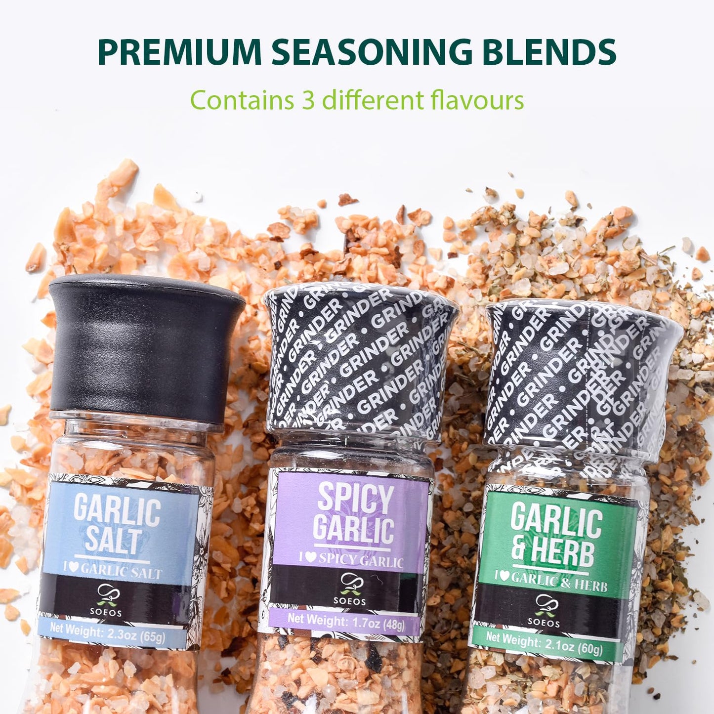 Soeos Spice Seasoning Set of 3 with Integrated Grinders, Spicy Garlic, Garlic & Herbs, Garlic Salt, Seasoning Gift Set.