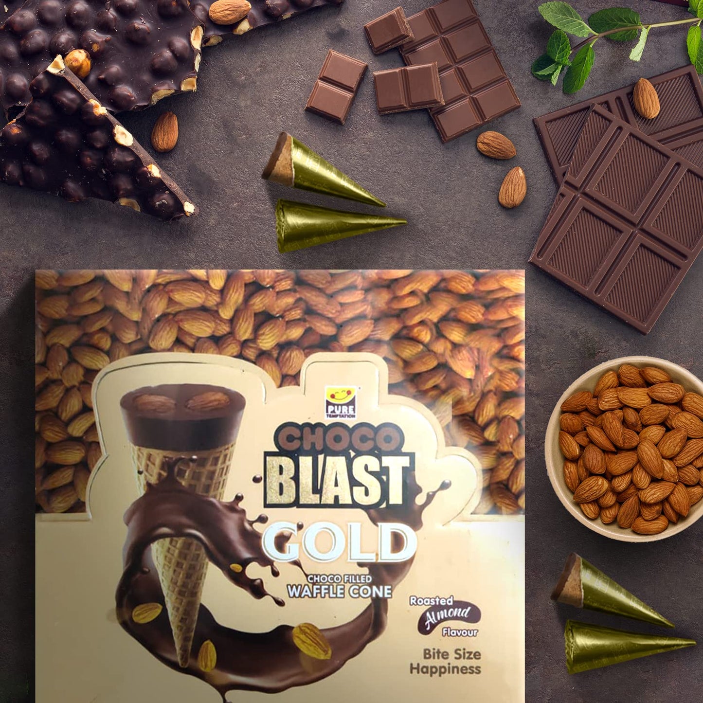 Pure Temptation Chocoblast Roasted Almond Waffle Cones [36 Pcs] Gluten Free Snacks For Kids & Adults - Non-Meltable Chocolate Gi
