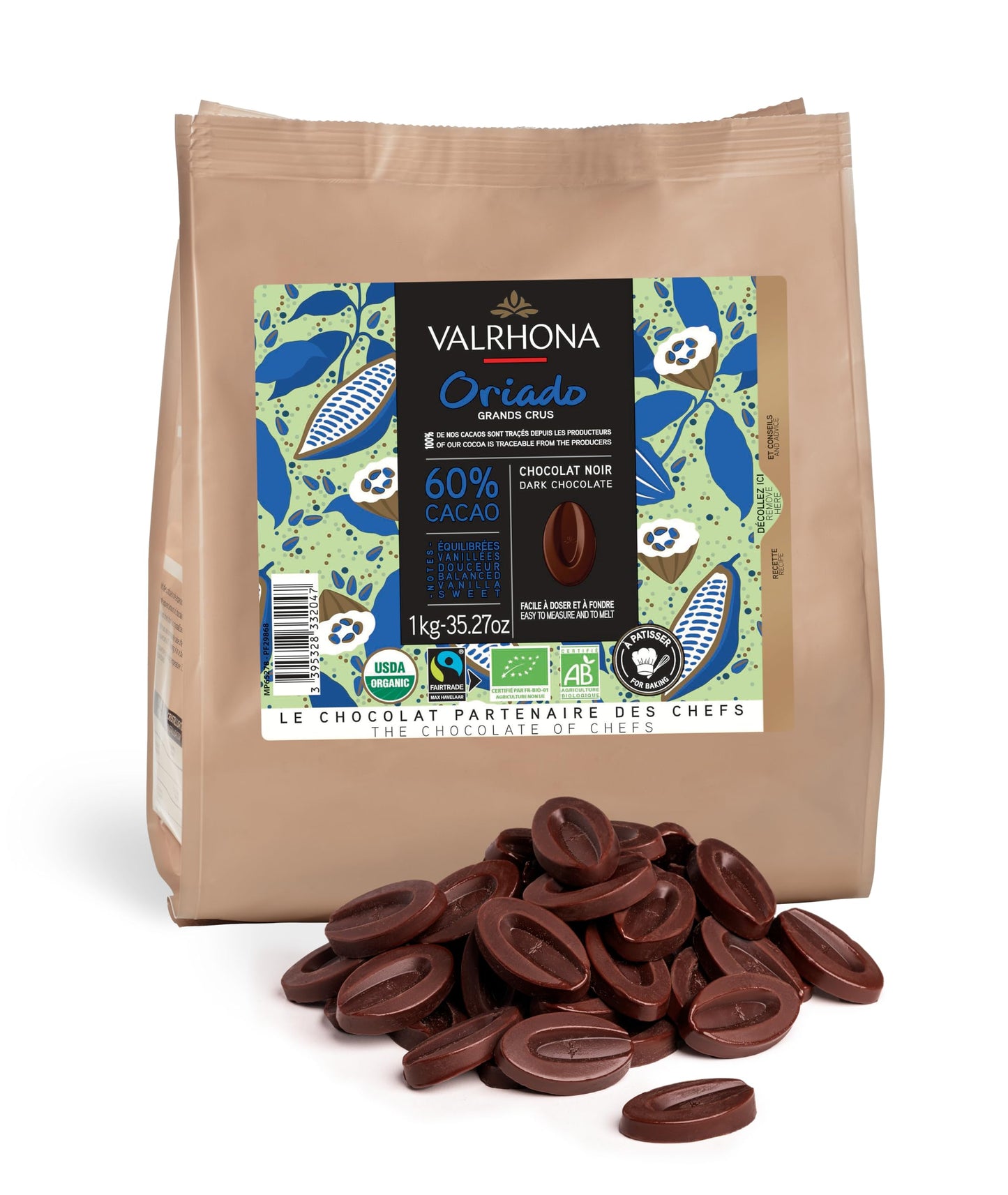 VALRHONA Dark Chocolate Discs 60% Cacao Organic Fair Trade 1kg Pack