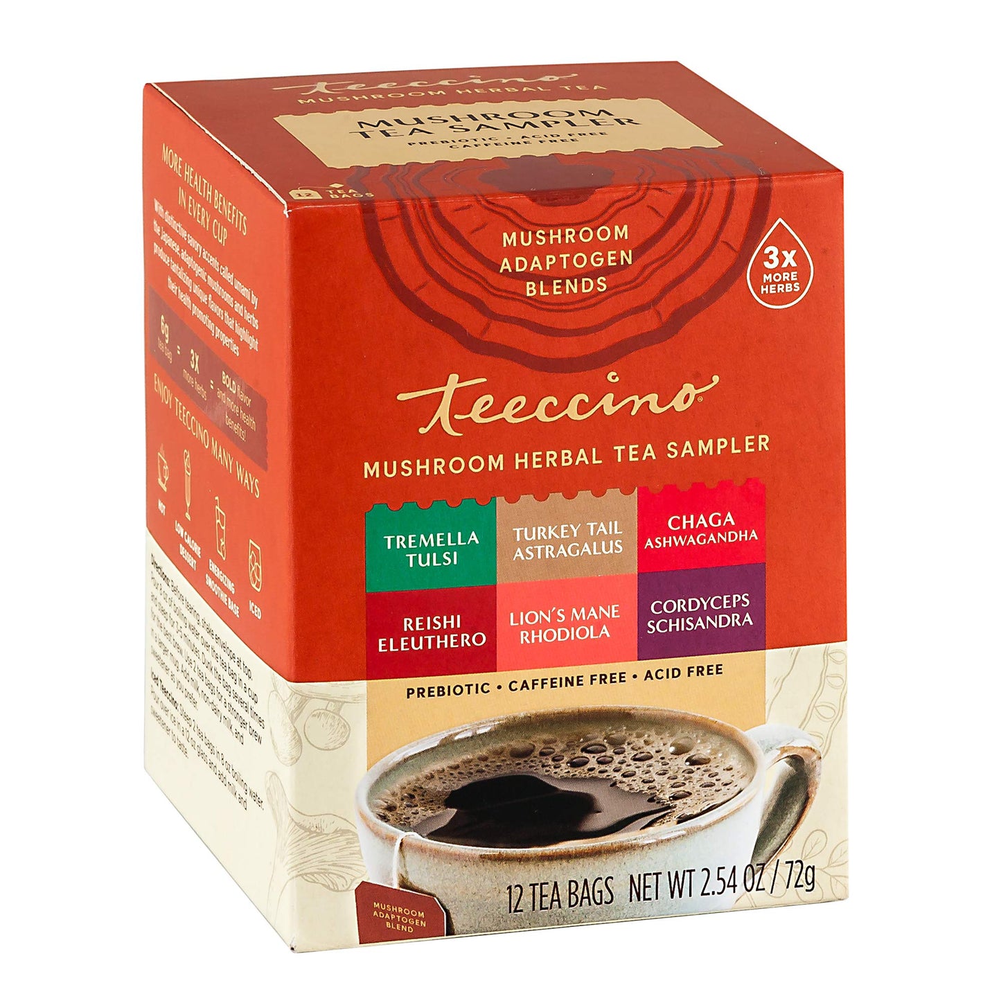 Teeccino Mushroom Herbal Tea Sampler - 12 Tea Bags - Caffeine Free, Acid Free, Prebiotic