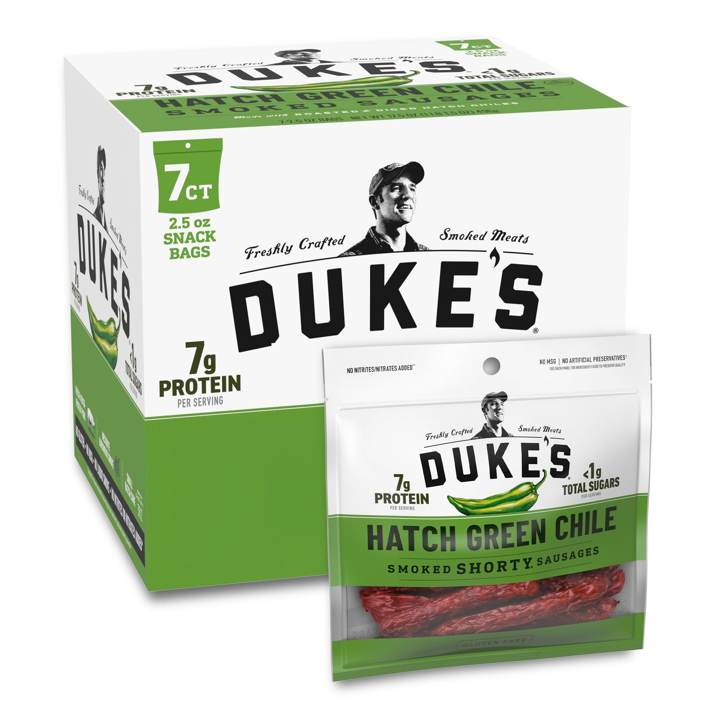 DUKES Pork Hatch Green Chile Smoked Shorty Sausages, 7g Protein, 2.5 oz Snack Bags, Pack of 7, Model 20815800022640