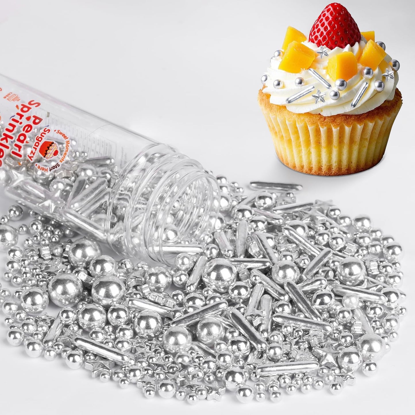 Sugarzy Christmas Silver Pearl Sugar Sprinkles, Edible Star Candy, 130g/4.58oz, Baking Cake Decorations, Cupcake Toppers