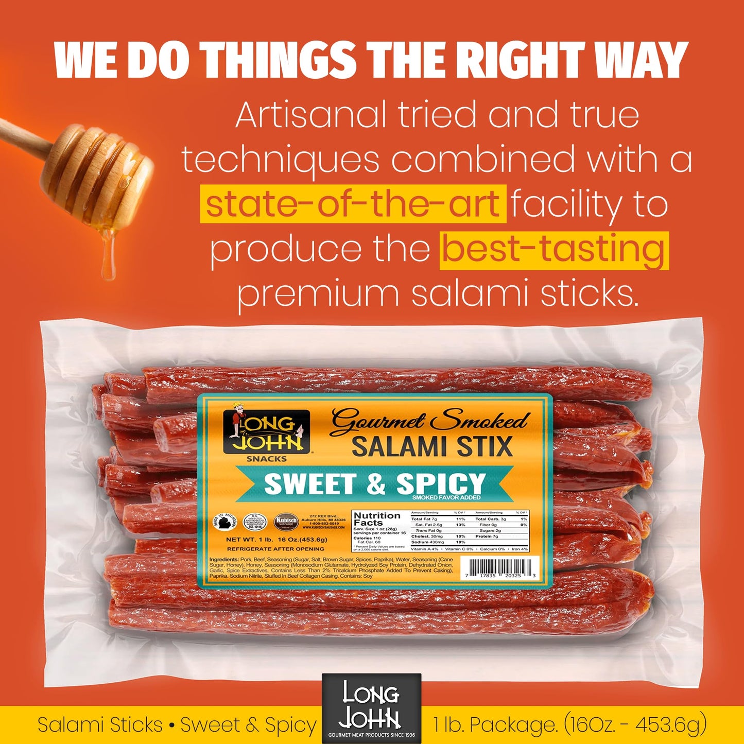 Long John Snacks Dried Salami Sticks - High Protein, Low Carb, Gluten-Free - Sweet and Spicy - 16 Oz Bulk Pack