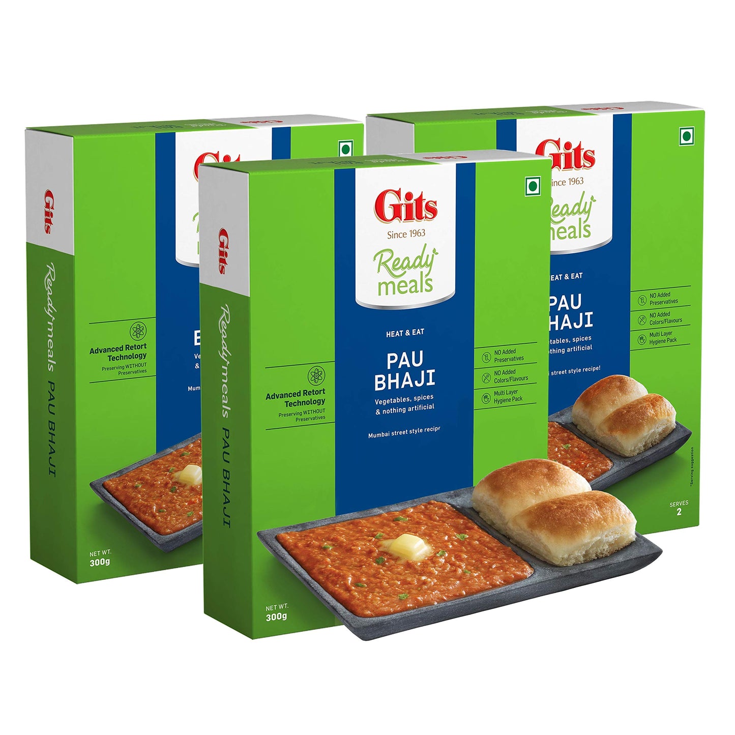 Gits Ready To Eat Pav Bhaji, Pure Veg, Heat And Eat, Microwaveable, 900G (Pack Of 3, 300Gm Each)