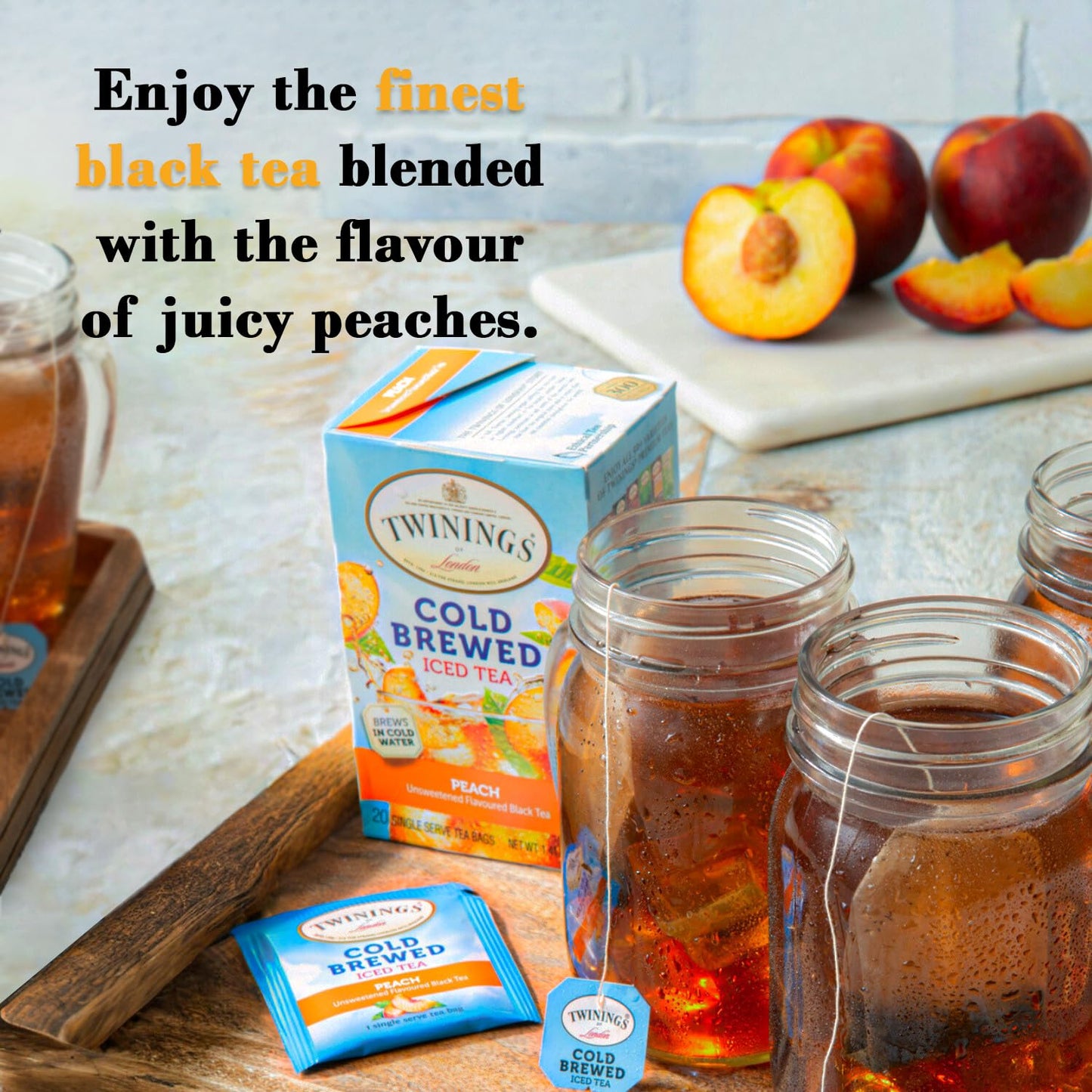 Twinings Cold Brewed Iced Tea Bags, Peach - Ready In 5 Minutes, Flavoured Black Tea Cold Brew Bags, Caffeinated, Unsweetened, 20
