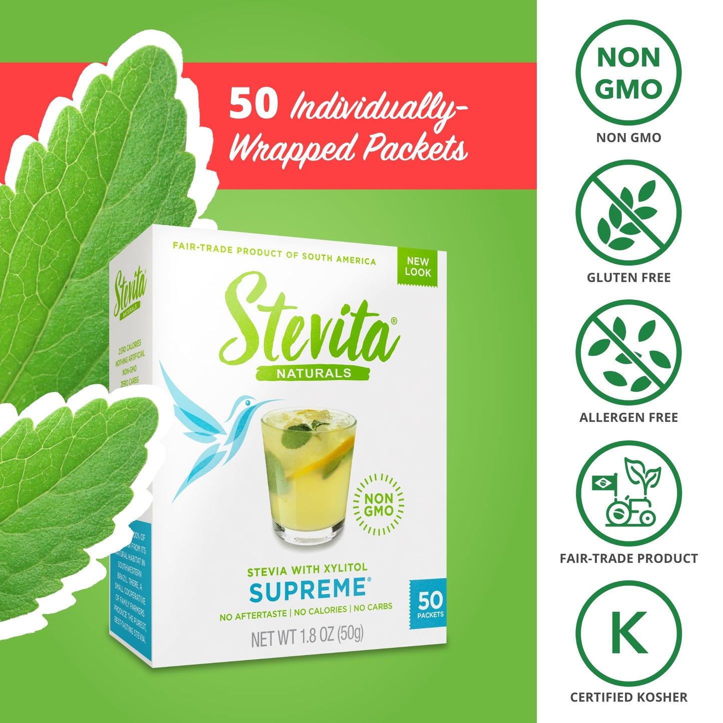 Stevita Stevia with Xylitol Supreme - 50 Packets, Pack of 4 - All-Natural Sweetener, No Calories - Non-GMO, Vegan, Kosher, Keto,