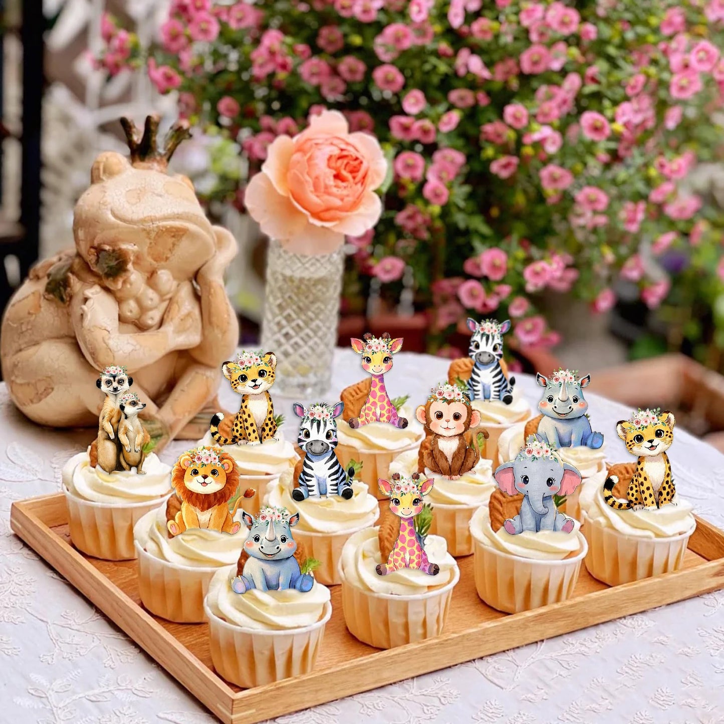 40Pcs Edible Floral Jungle Safari Animal Cupcake Toppers Wafer Paper Safari Animal Theme Cake Toppers Decoration For Animal Drin