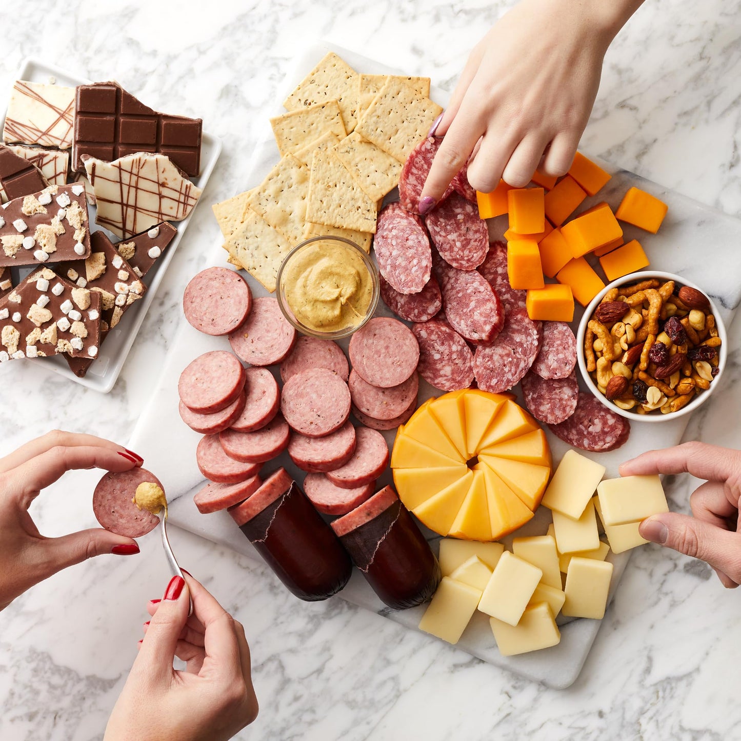 Hickory Farms Farmhouse Summer Sauage And Italian Dry Salami Charcuterie Meat, Cheese, Cracker, And Chocolate Food Gift Basket (