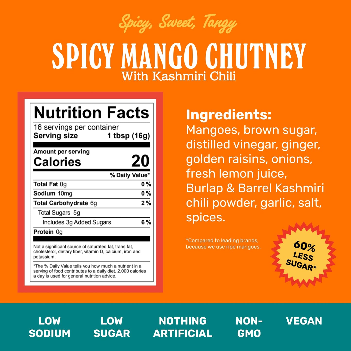 Brooklyn Delhi Spicy Mango Chutney | Made With Ripe Mangos, Fresh Ginger, And Heirloom Kashmiri Chili Peppers | Vegan, Nothing A