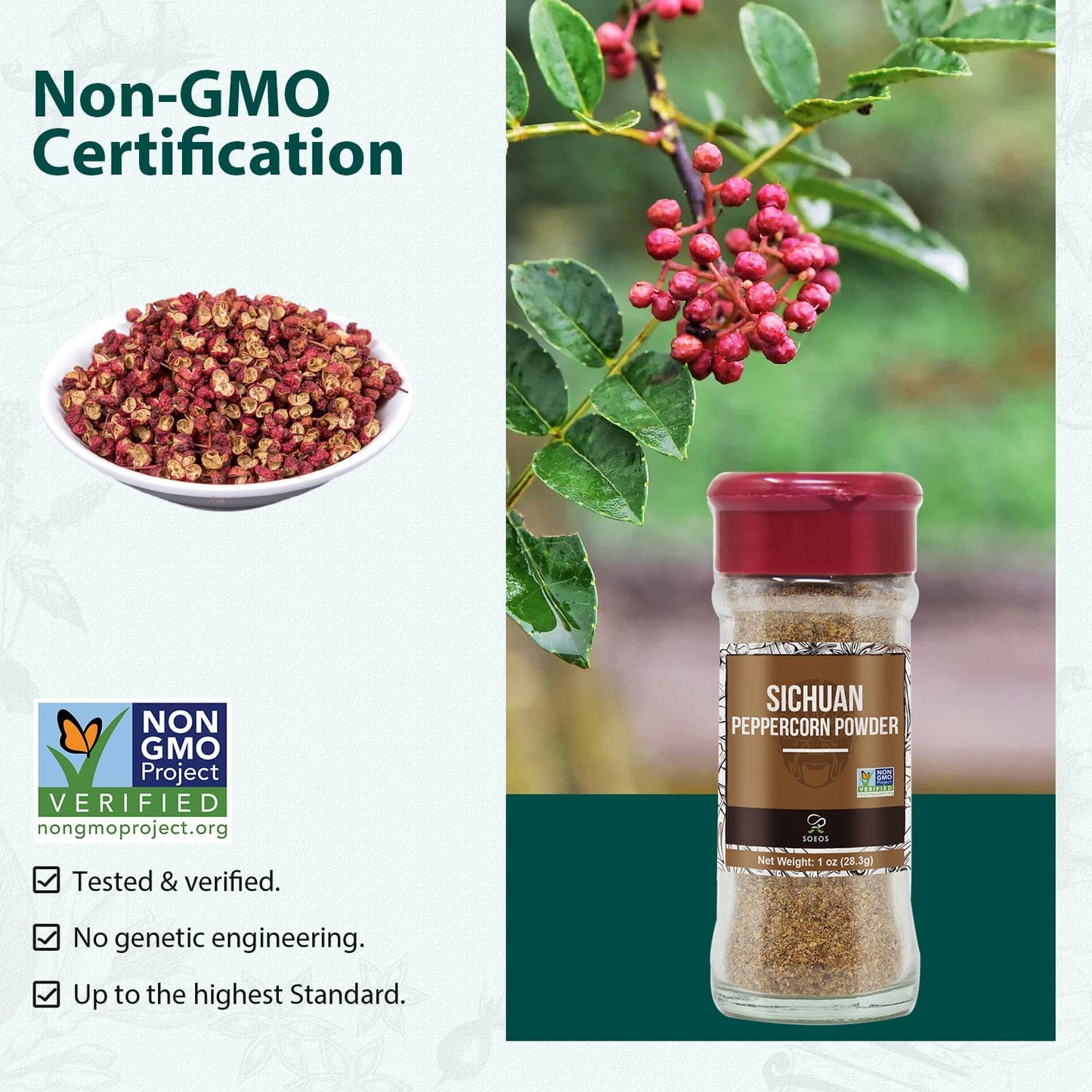 Soeos Sichuan Peppercorn Powder 1oz (28.3g), Non-GMO Verified, Szechuan Peppercorn, Ground Sichuan Green Peppercorns, Green Sich