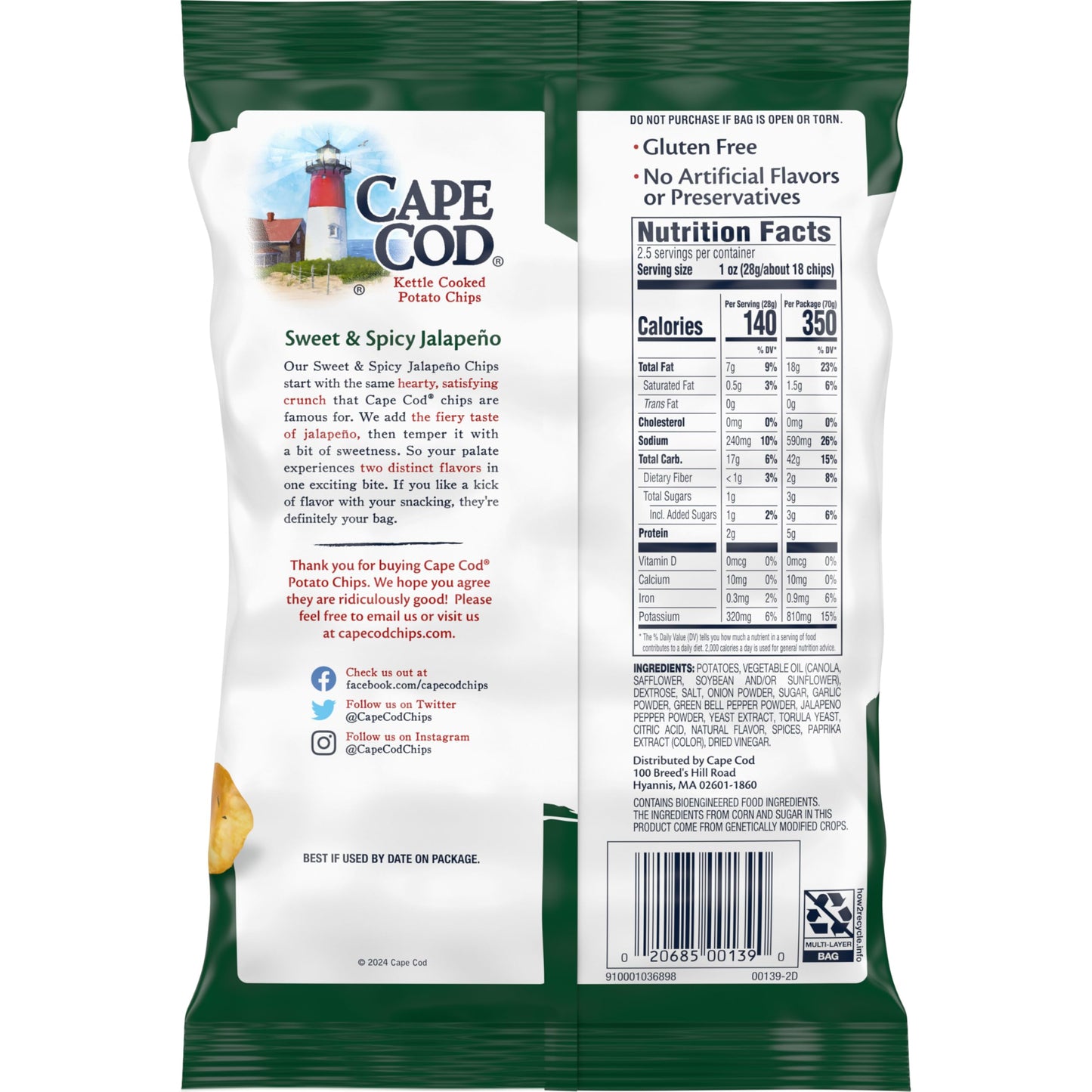 Cape Cod Potato Chips, Sweet And Spicy Jalapeno Kettle Chips, 2.5 Oz