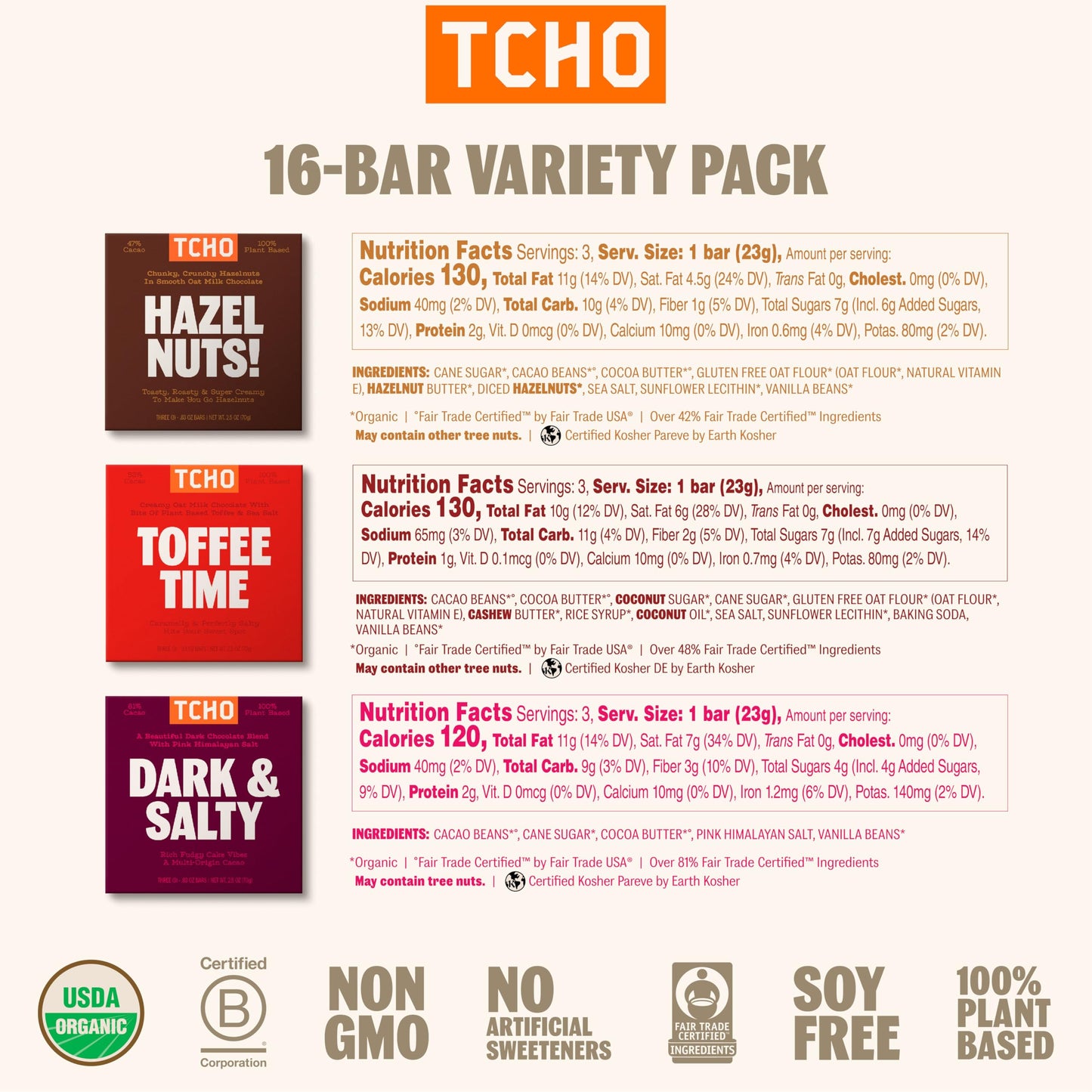 TCHO Plant-Based Dark & Milk Chocolate Variety Pack - Vegan Gourmet Assortment - 16 Count