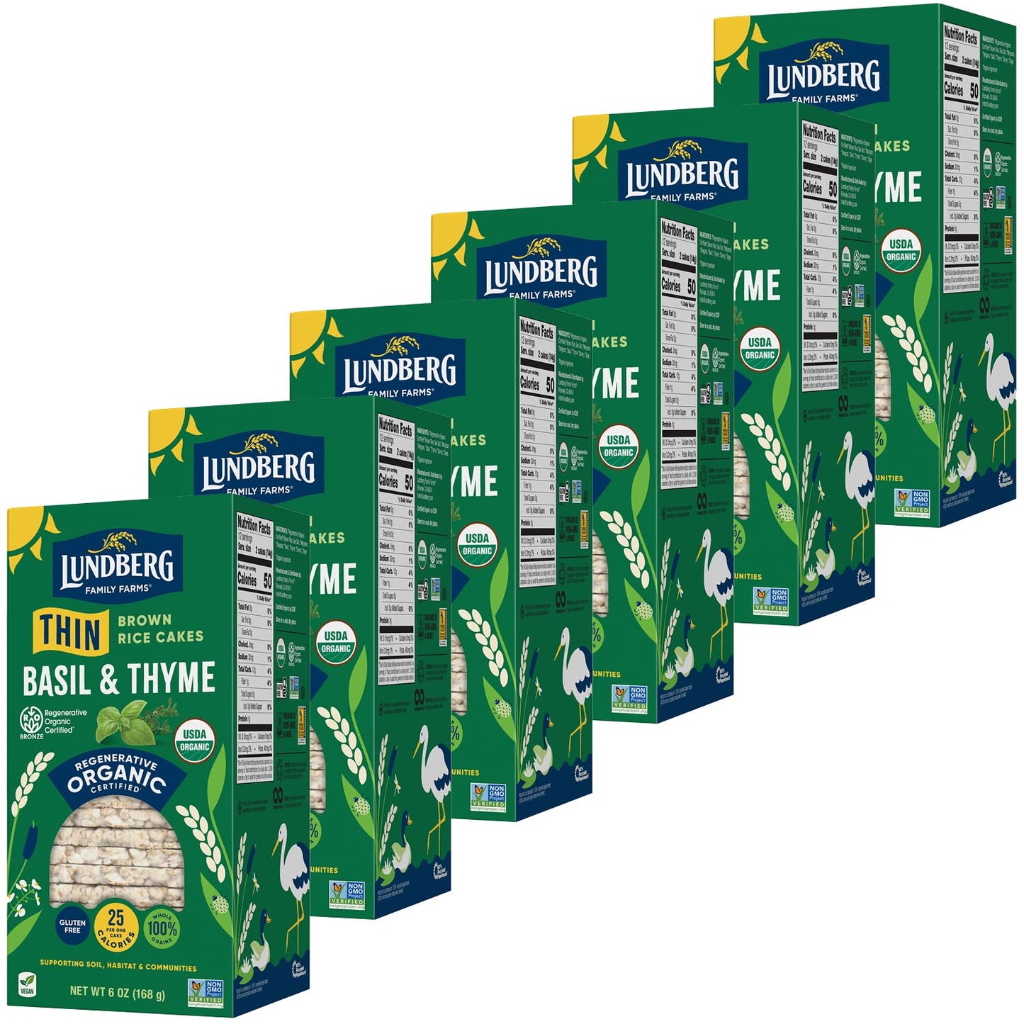 Lundberg Thin Brown Rice Cakes, Basil & Thyme, 6-Pack - Regenerative Organic Certified, Healthy Snacks, Vegan, 6 Oz Ea