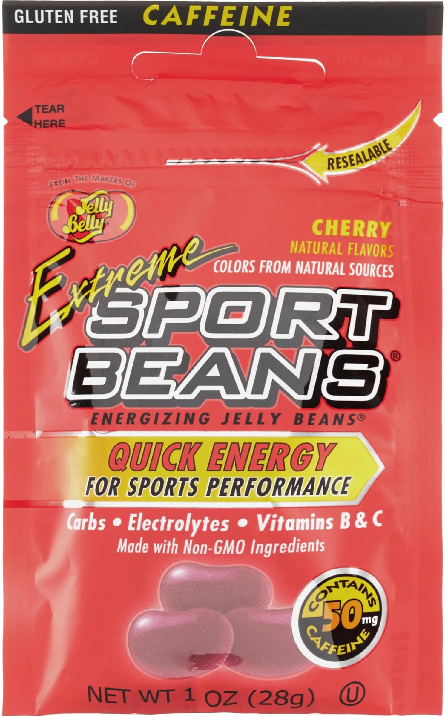 Jelly Belly Extreme Sport Beans, Caffeinated Jelly Beans, Cherry Flavor, 1 oz Each, Pack of 24, Mixed Color