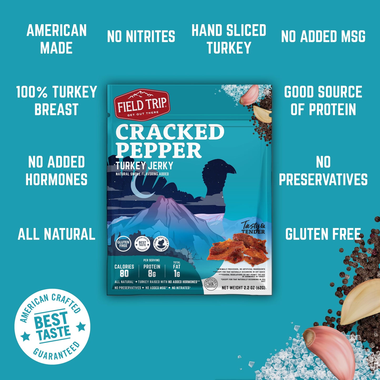 Field Trip Turkey Jerky, Gluten Free, Low Carb,  ed Pepper, 2.2oz Bags, 4 Pack
