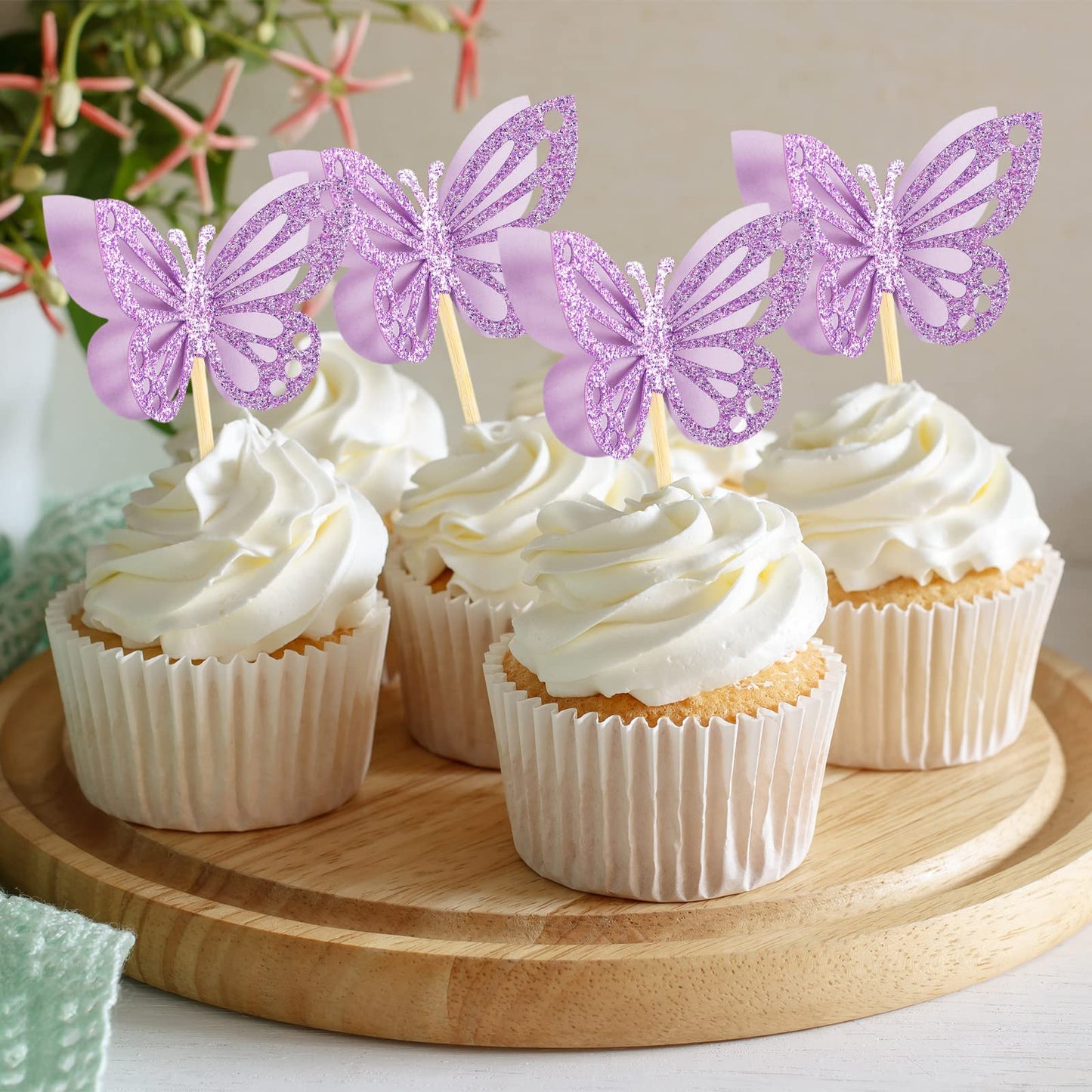 Chinco Butterfly Cupcake Toppers, 48 Pcs Double Layer, 3D Glitter, Purple, Ideal for Baby Showers, Birthdays, Weddings