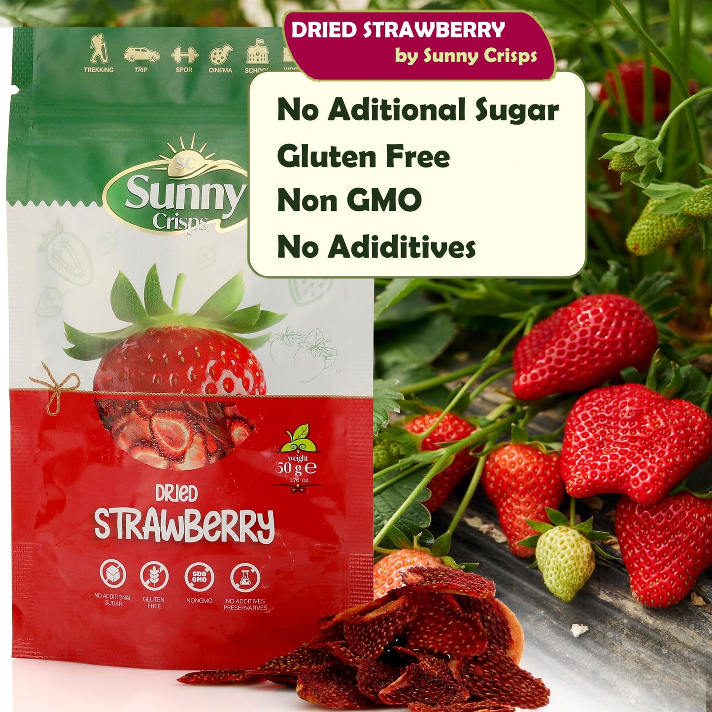 Sunny Crisps Dried Strawberries 3.52 Oz - Dry Strawberries No Sugar Added For Toddler Healthy Snacks - Gluten Free Dehydrated Fr