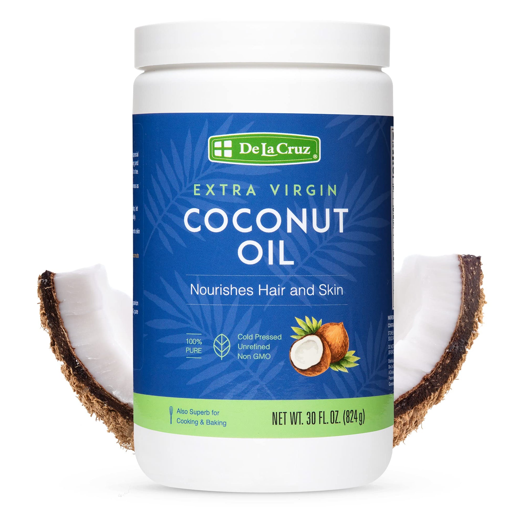 De La Cruz Extra Virgin Coconut Oil - 100% Pure for Skin and Hair - Cooking - Multipurpose, Unrefined and Cold Pressed - 30 Fl O
