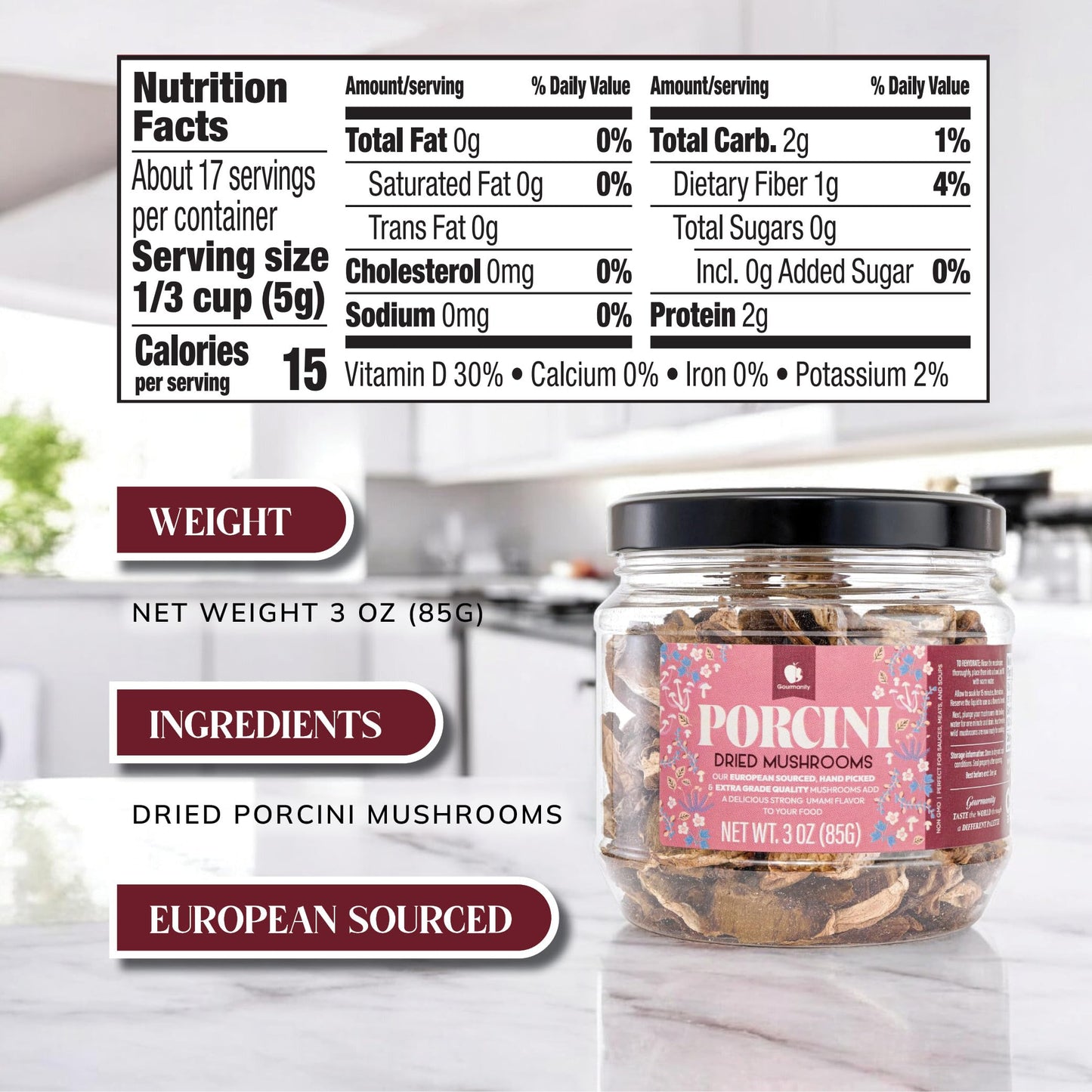 Gourmanity 3Oz Dried Porcini Mushrooms, Extra Grade European Dried Mushrooms, Umami Flavor Captured, Great For Cooking, Non Gmo