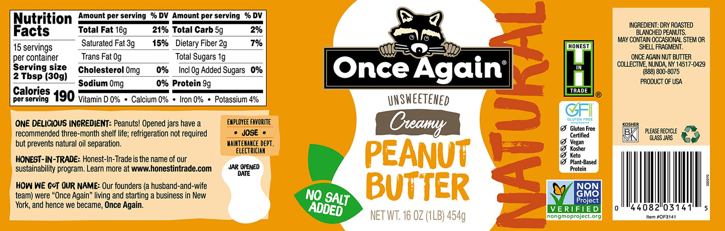 Once Again Natural, Creamy Peanut Butter, 16Oz - Salt Free, Unsweetened - Gluten Free Certified, Vegan, Kosher, Non-Gmo Verified