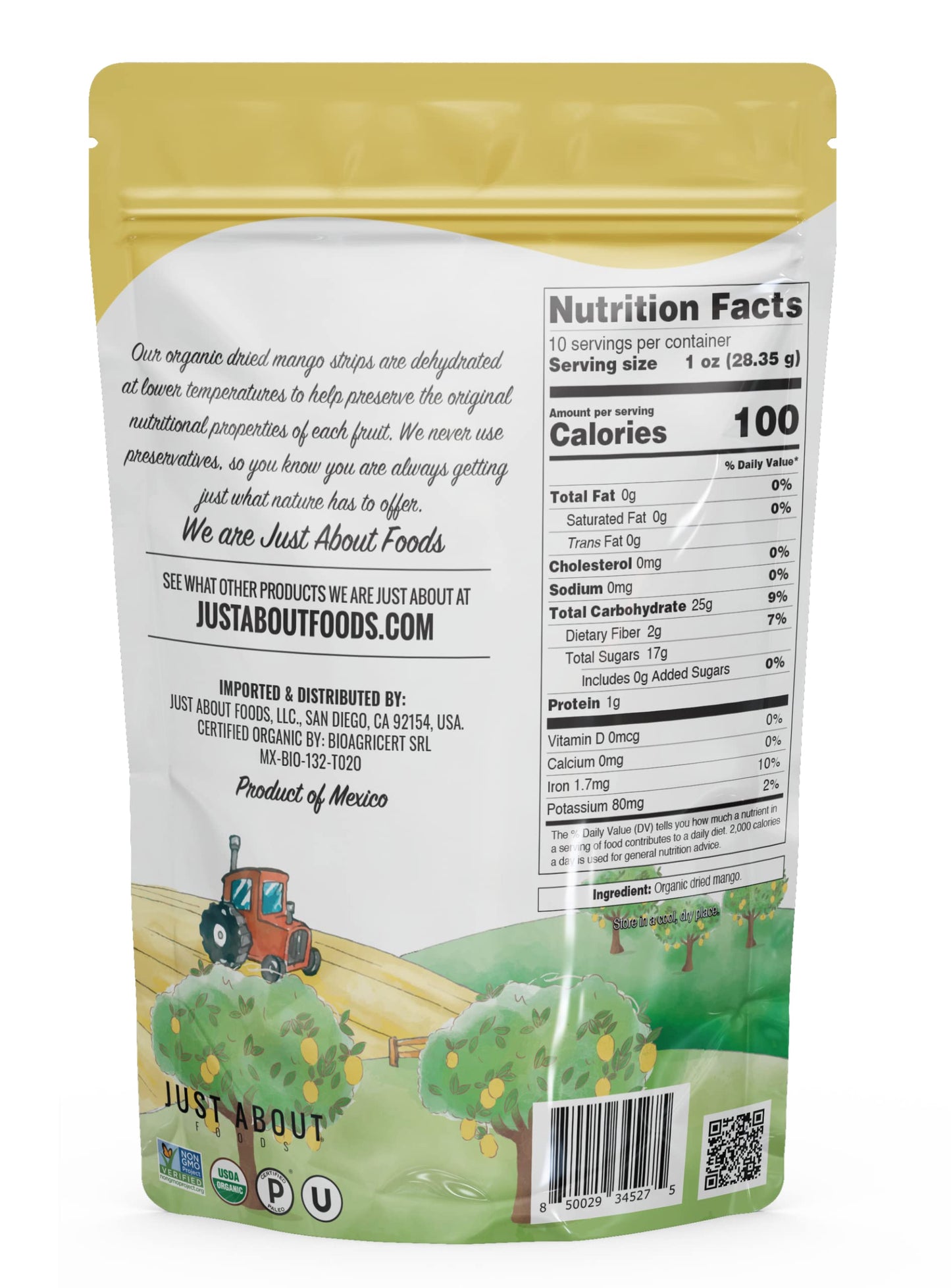 Organic Dried Mango Diced, 10 Lunch Packs 1 Oz Each, Bag Contains 10 Oz In Total