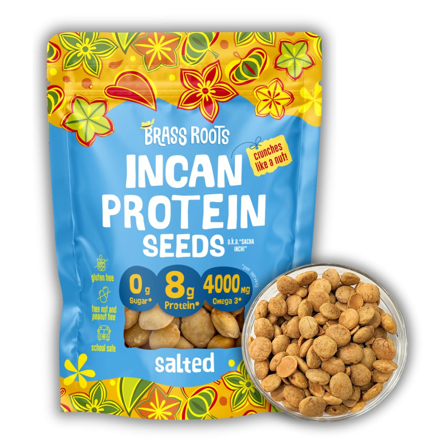BRASS ROOTS Organic Incan Protein Seeds, Salted, High Protein, Nut Free, 10 oz