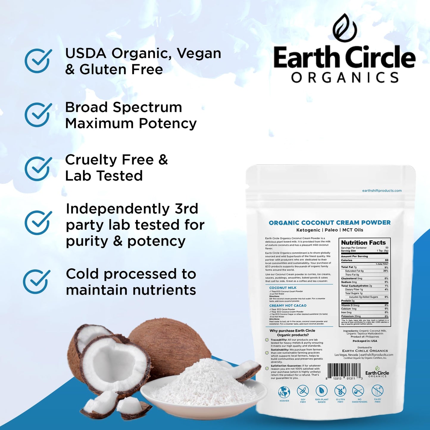 Earth Circle Organics Coconut Cream | Milk Powder, Coffee Creamer - High In Mct Oil, No Added Sugar, Gluten And Dairy Free, Heal