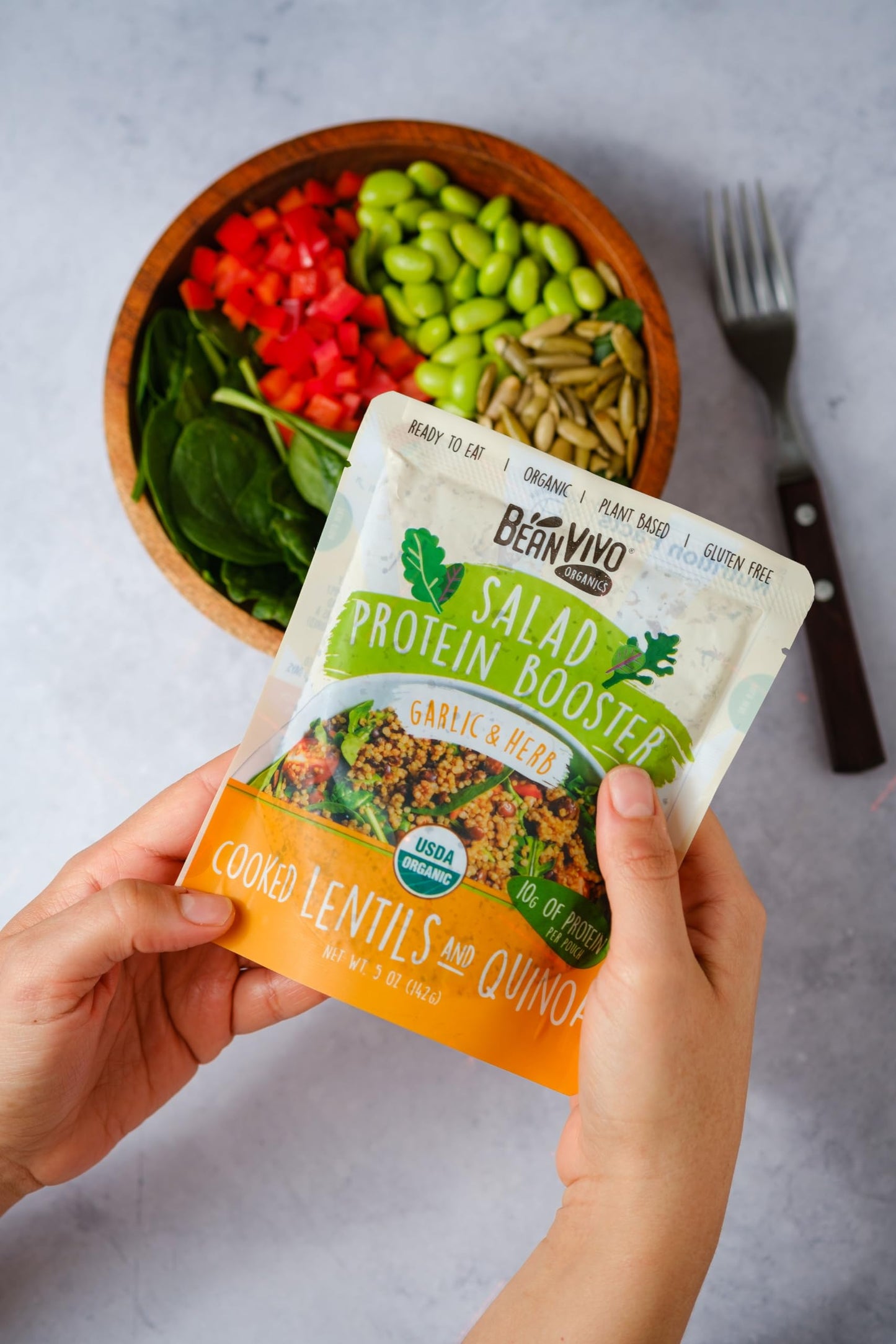 BeanVIVO 3-Pack Salad Protein Booster - Organic Lentils & Quinoa with Garlic & Herbs, 10g Protein, 5oz Pouches
