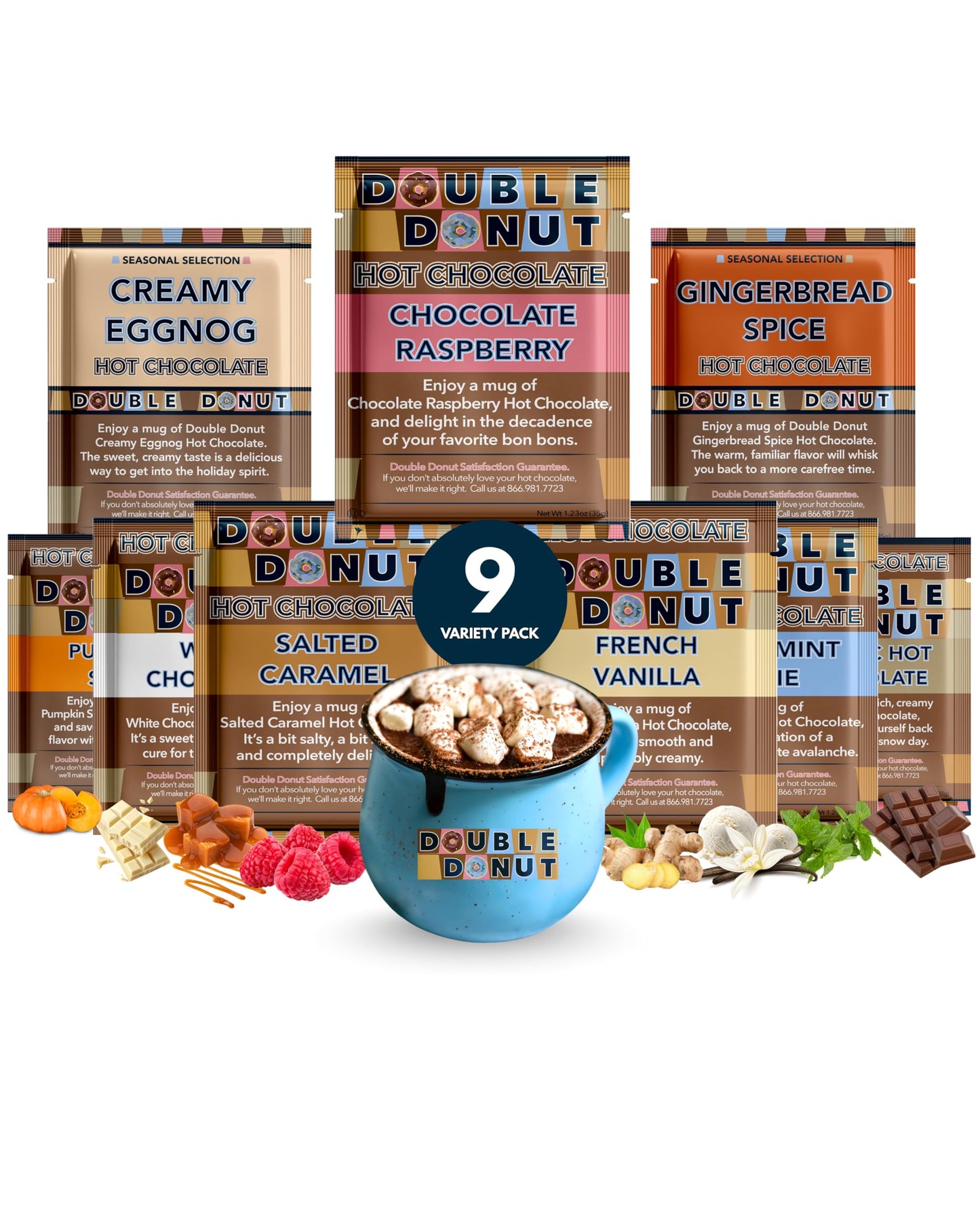 Double Donut Coffee Flavored Hot Chocolate Packets Variety Pack  9 Count Includes Classic  Chocolate Raspberry  Salted Caramel  Peppermint  Eggnog & Gingerbread