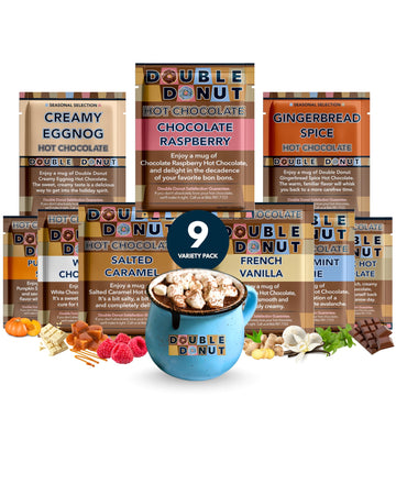 Double Donut Coffee Flavored Hot Chocolate Packets Variety Pack  9 Count Includes Classic  Chocolate Raspberry  Salted Caramel  Peppermint  Eggnog & Gingerbread