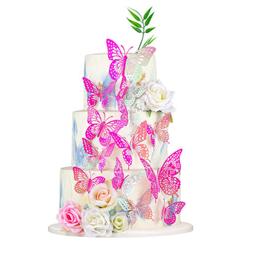 Gyufise 36 Pack Laser Purple Red Glitter 3D Butterfly Cupcake Toppers Hollow Butterfly Cake Decorations For Birthday Wedding Fai
