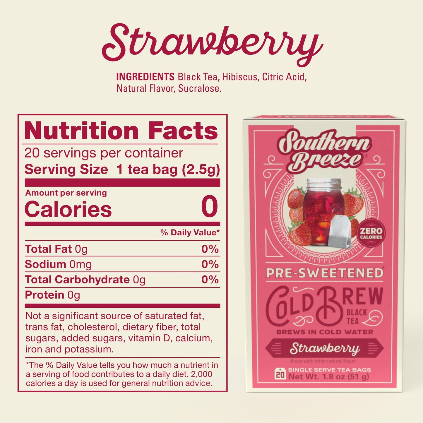 Southern Breeze Cold Brew Sweet Tea Strawberry Iced Tea With Black Tea And Zero Carbs Zero Sugar, 20 Individually Wrapped Tea Bags, Pack Of 4